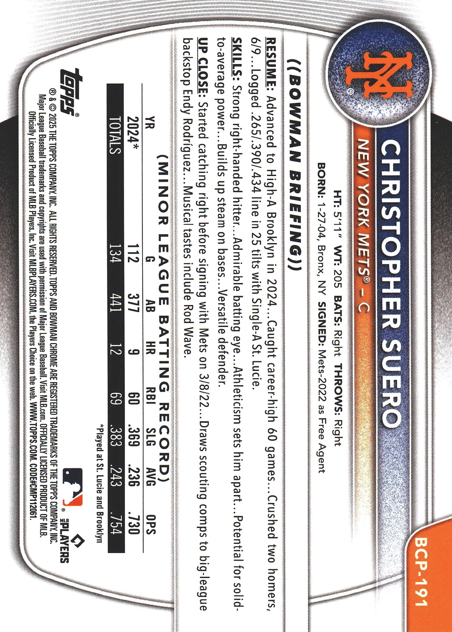 2025 Topps Bowman Chrome Prospects Purple /250 1st Christopher Suero #BCP-191 New York Mets