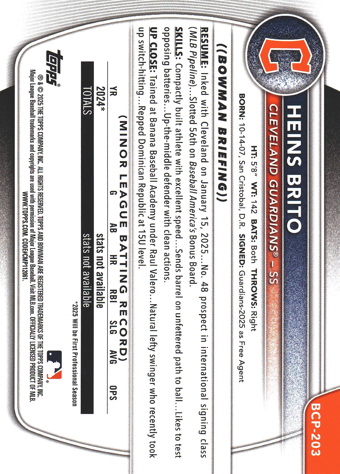 2025 Topps Bowman Chrome Prospects Purple /250 1st Heins Brito #BCP-203 Cleveland Guardians