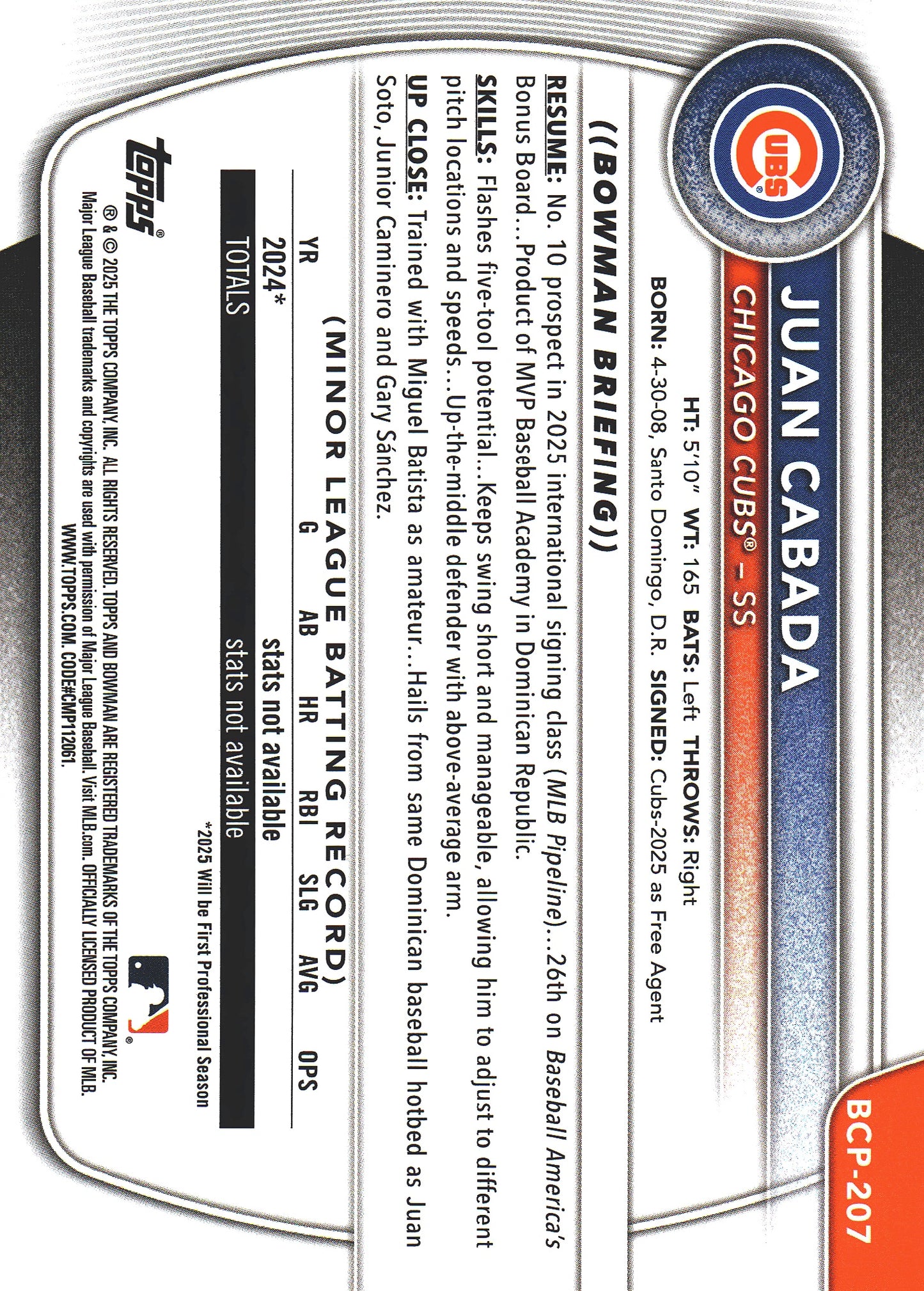 2025 Topps Bowman Chrome Prospects Purple /250 1st Juan Cabada #BCP-207 Chicago Cubs