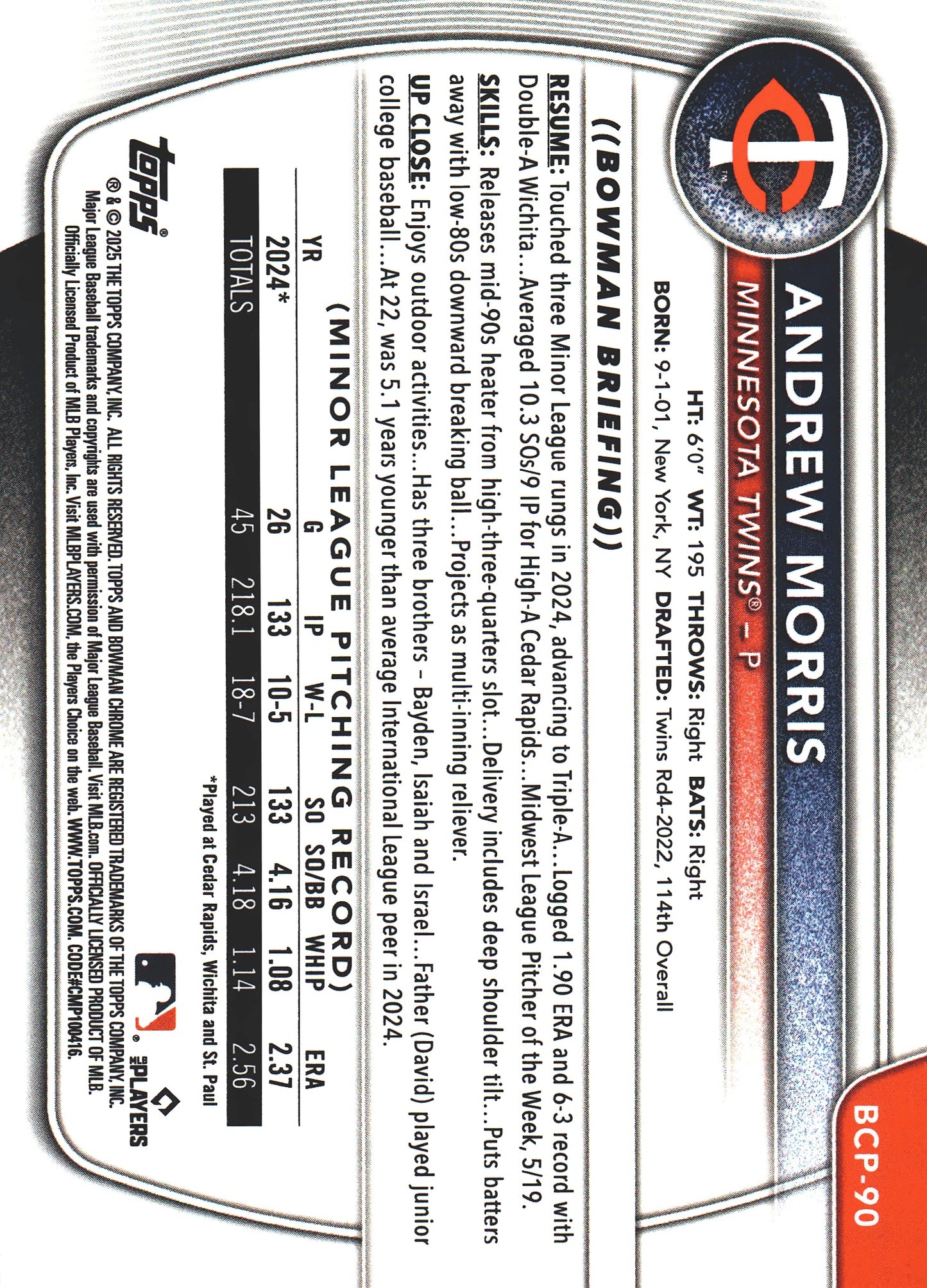 2025 Topps Bowman Chrome Prospects Fuchsia /199 1st Andrew Morris #BCP-90 Minnesota Twins