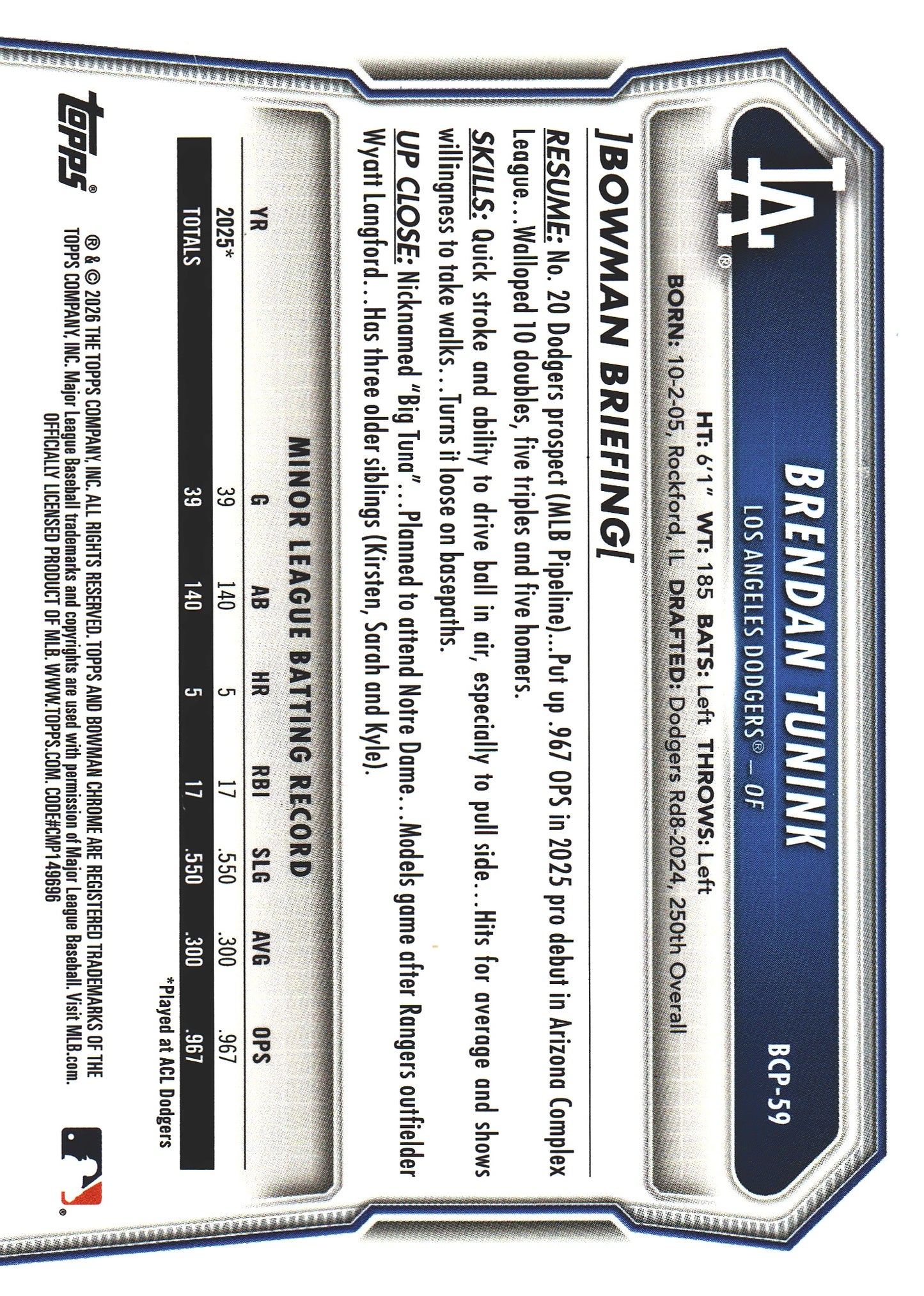 2026 Topps Bowman Chrome Mojo Prospects Blue Mojo /150 Brendan Tunink #BP-59 Los Angeles Dodgers