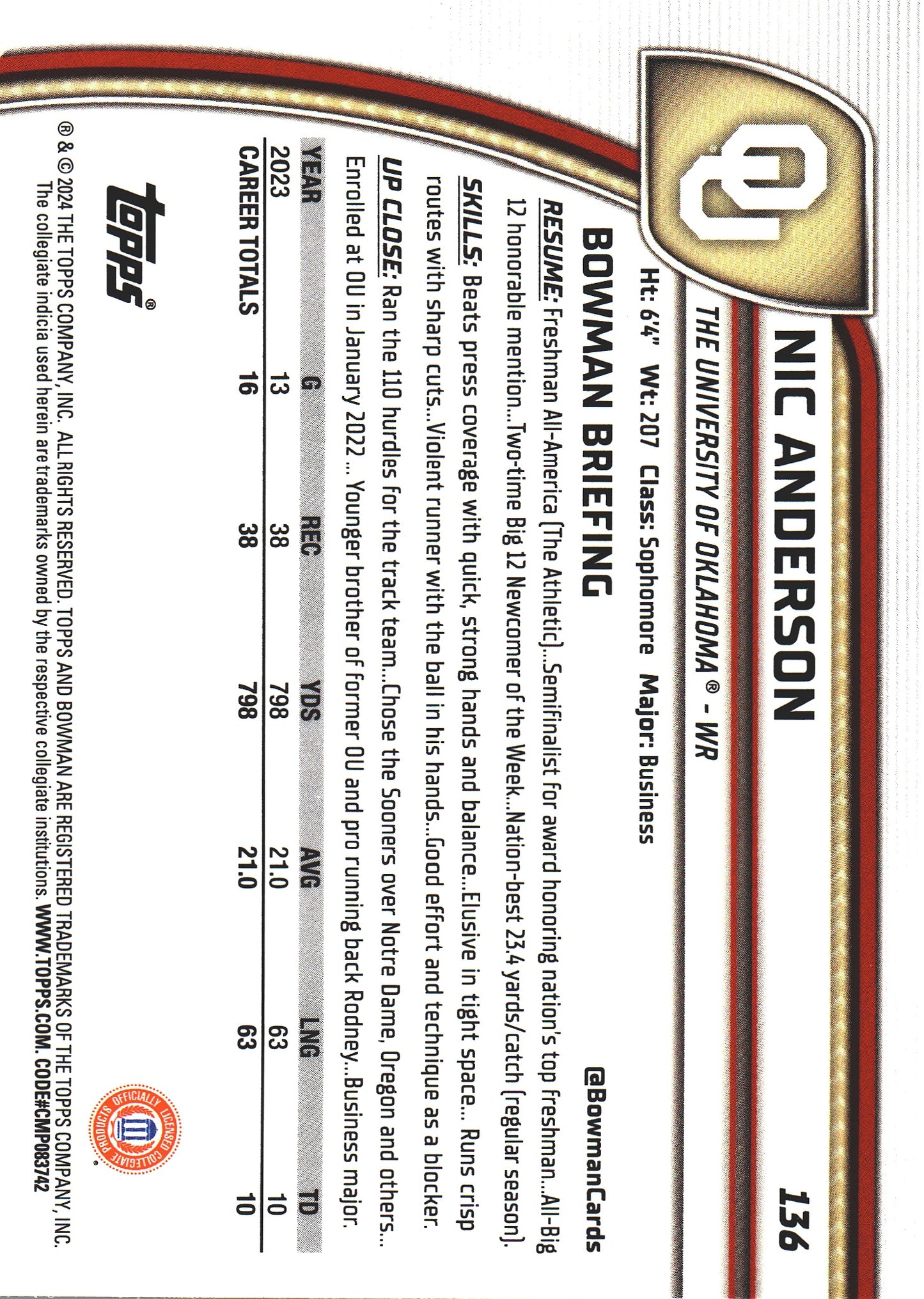 2024 Topps Bowman U Chrome Purple /399 Nic Anderson #136 Oklahoma Sooners