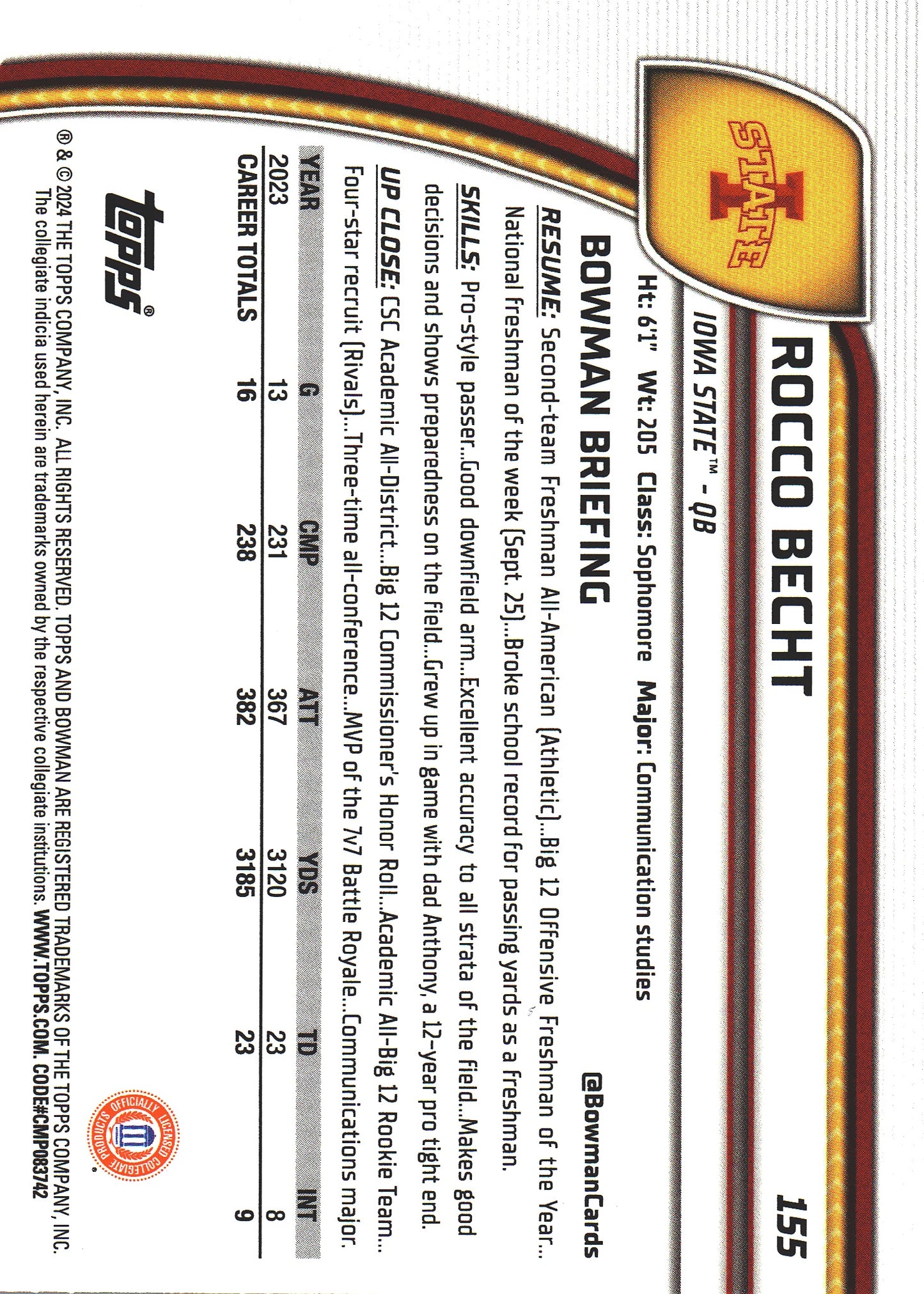 2024 Topps Bowman U Chrome Purple /399 Rocco Becht #155 Iowa State Cyclones