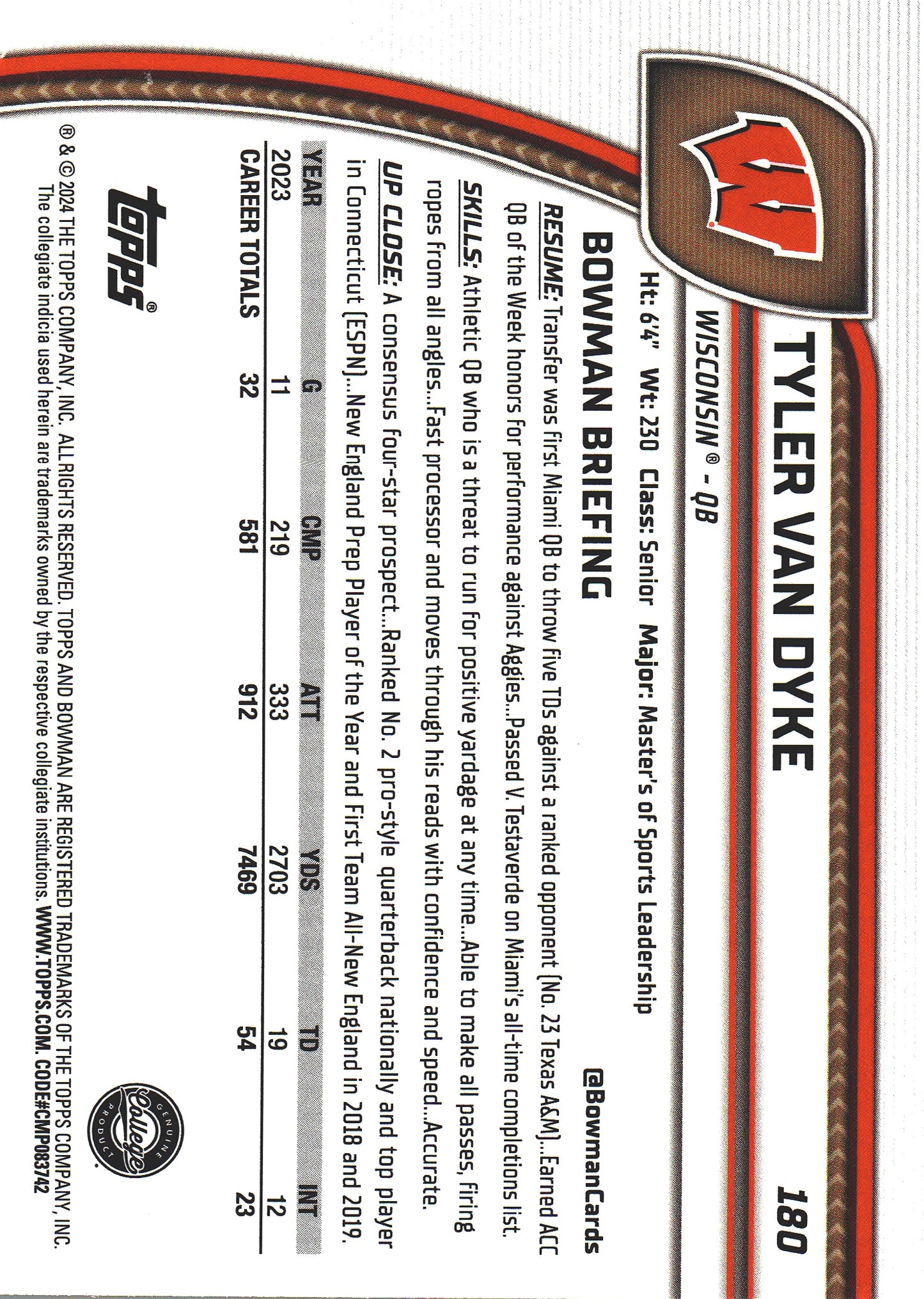 2024 Topps Bowman U Chrome Purple /399 Tyler Van Dyke #180 Wisconsin Badgers