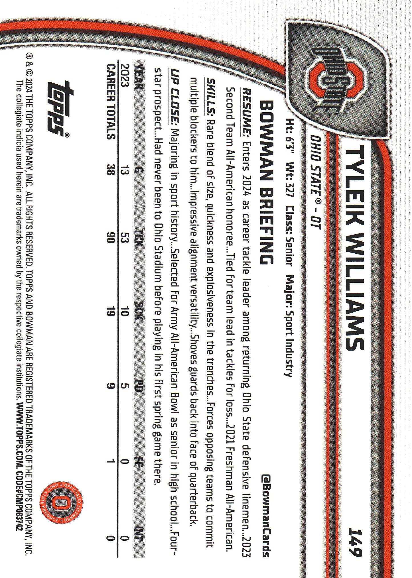 2024 Topps Bowman U Chrome Purple Mini Diamond /375 Tyleik Williams #149 Ohio State Buckeyes