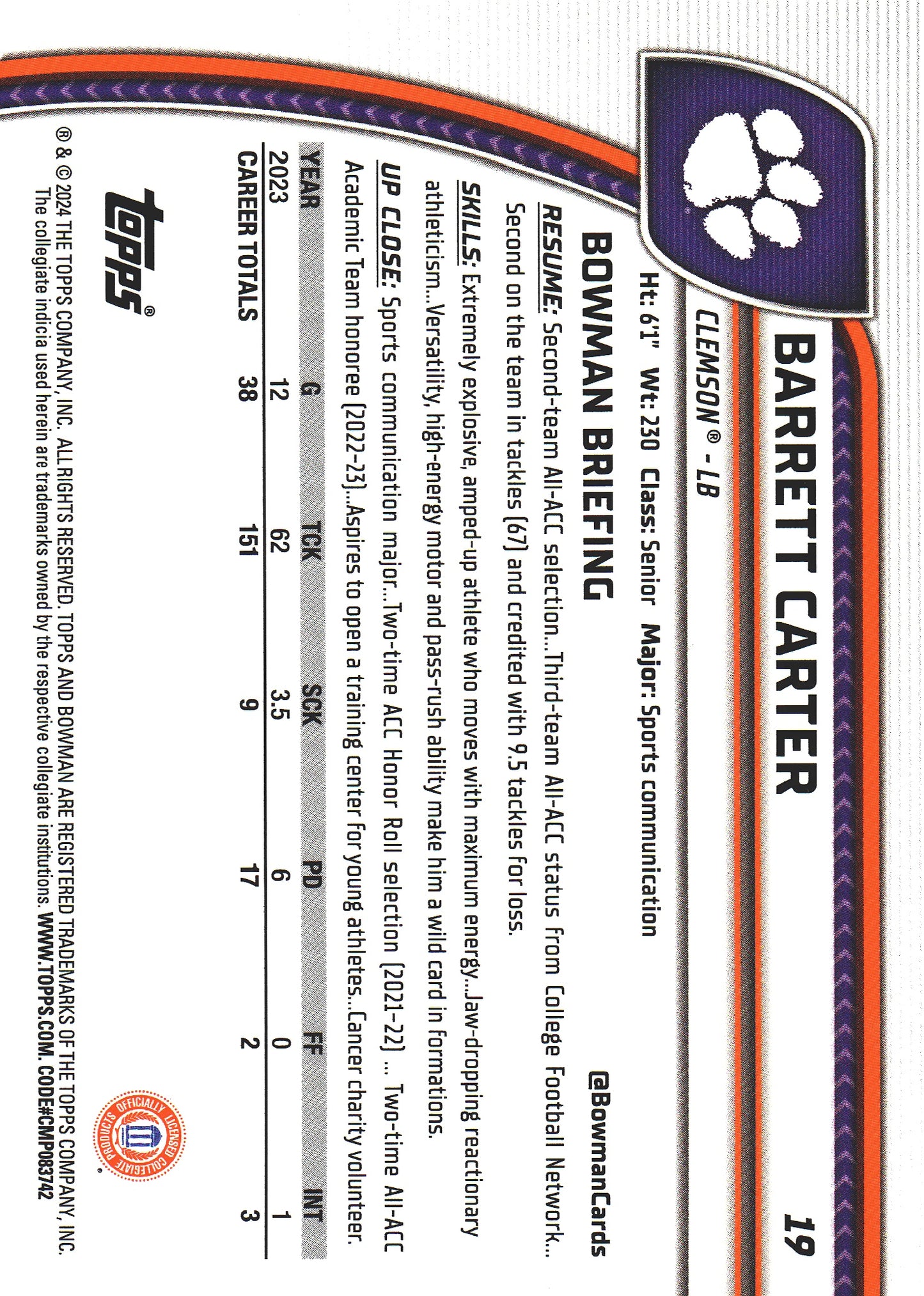 2024 Topps Bowman U Chrome Pink /150 Barrett Carter #19 Clemson Tigers