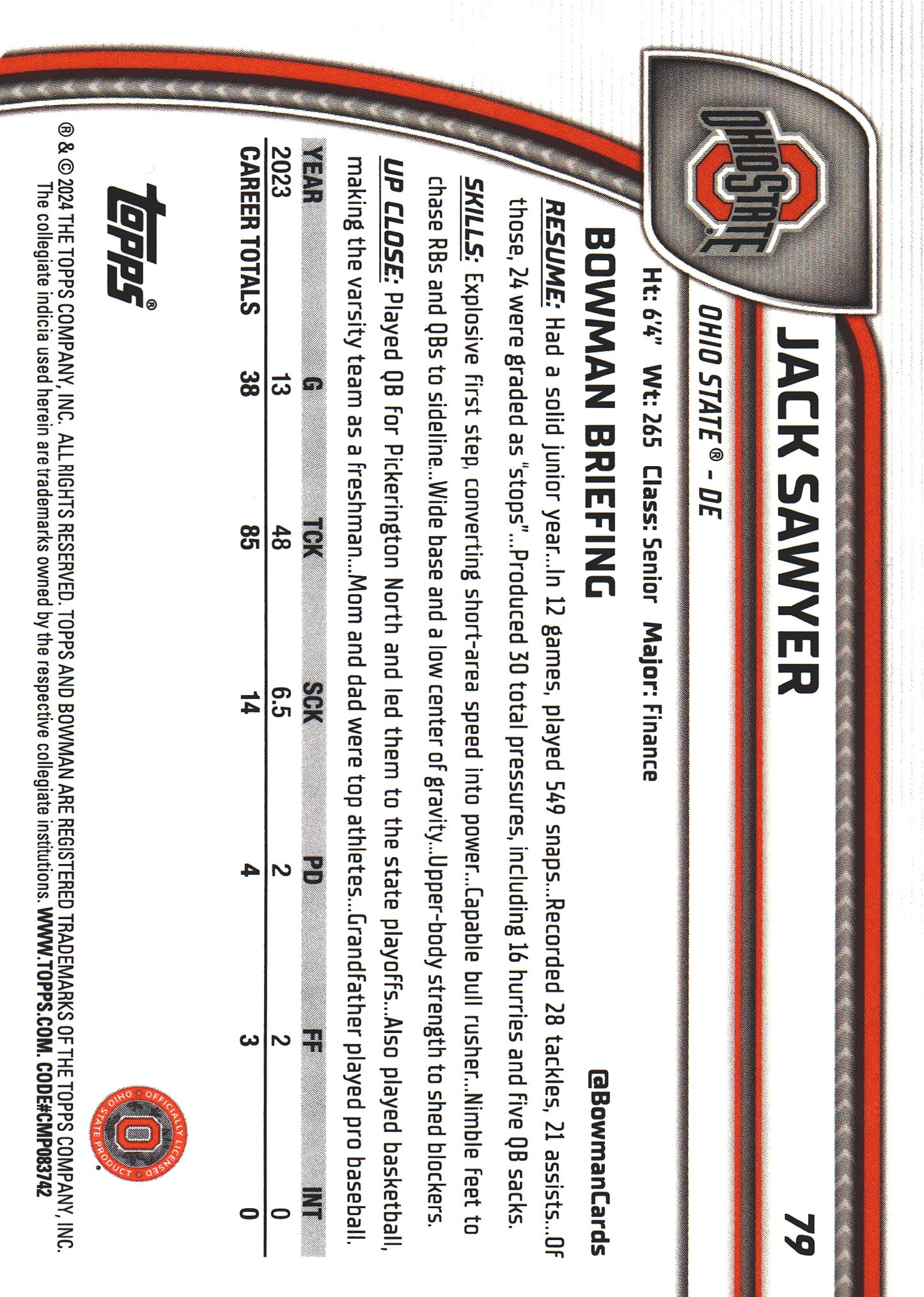 2024 Topps Bowman U Chrome Pink /150 Jack Sawyer #79 Ohio State Buckeyes