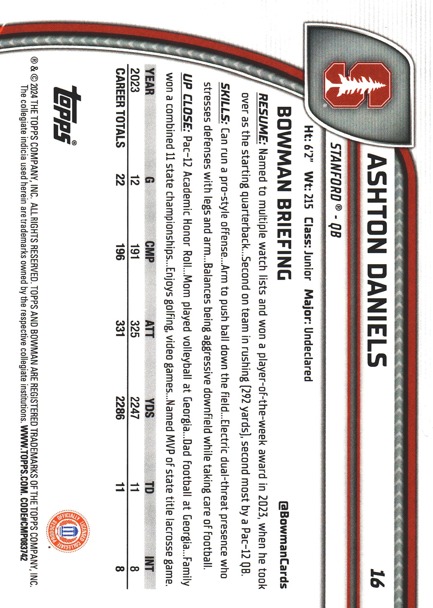 2024 Topps Bowman U Chrome Pink Mini Diamond /125 Ashton Daniels #16 Stanford Cardinal