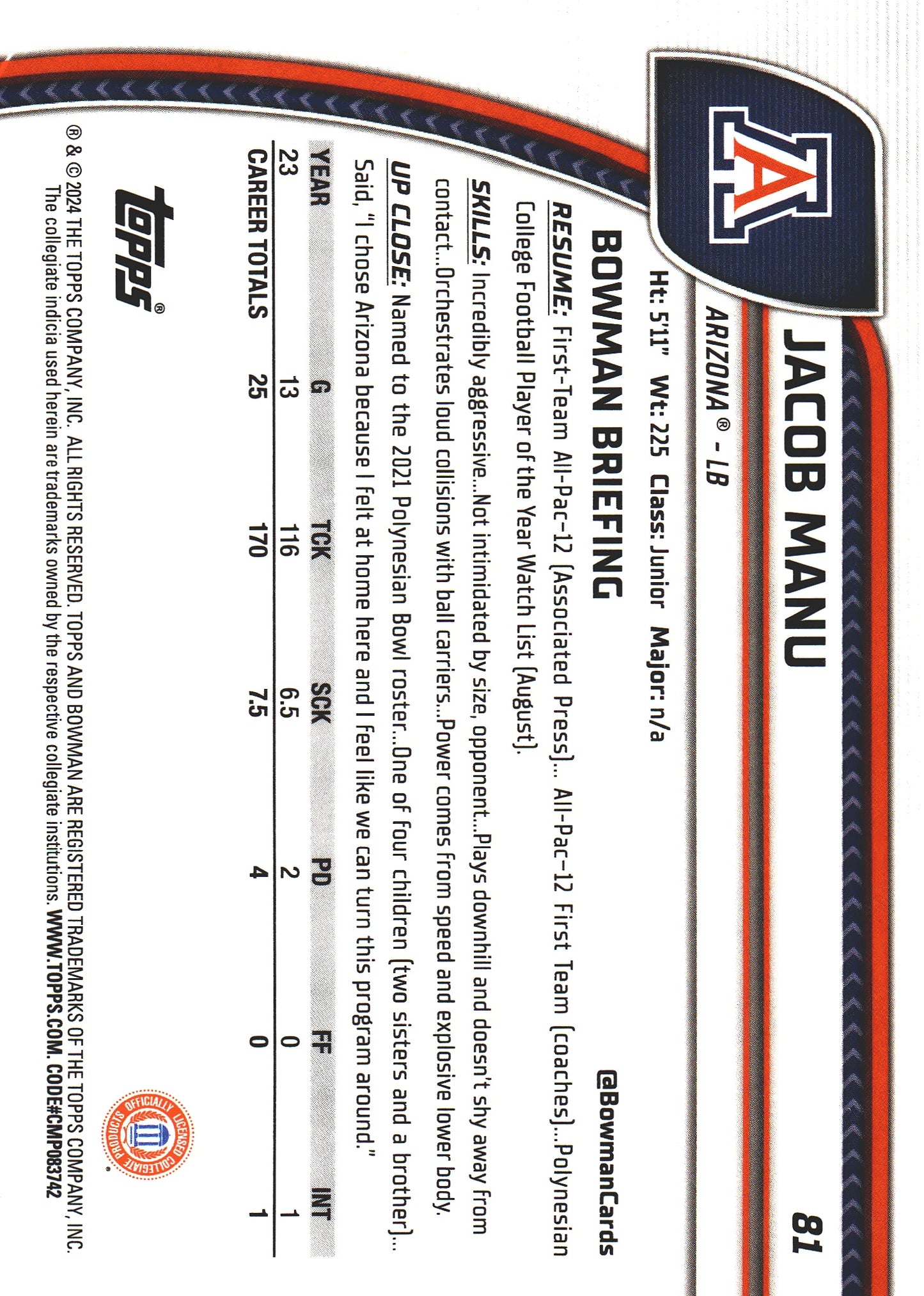 2024 Topps Bowman U Chrome Pink Mini Diamond /125 Jacob Manu #81 Arizona Wildcats