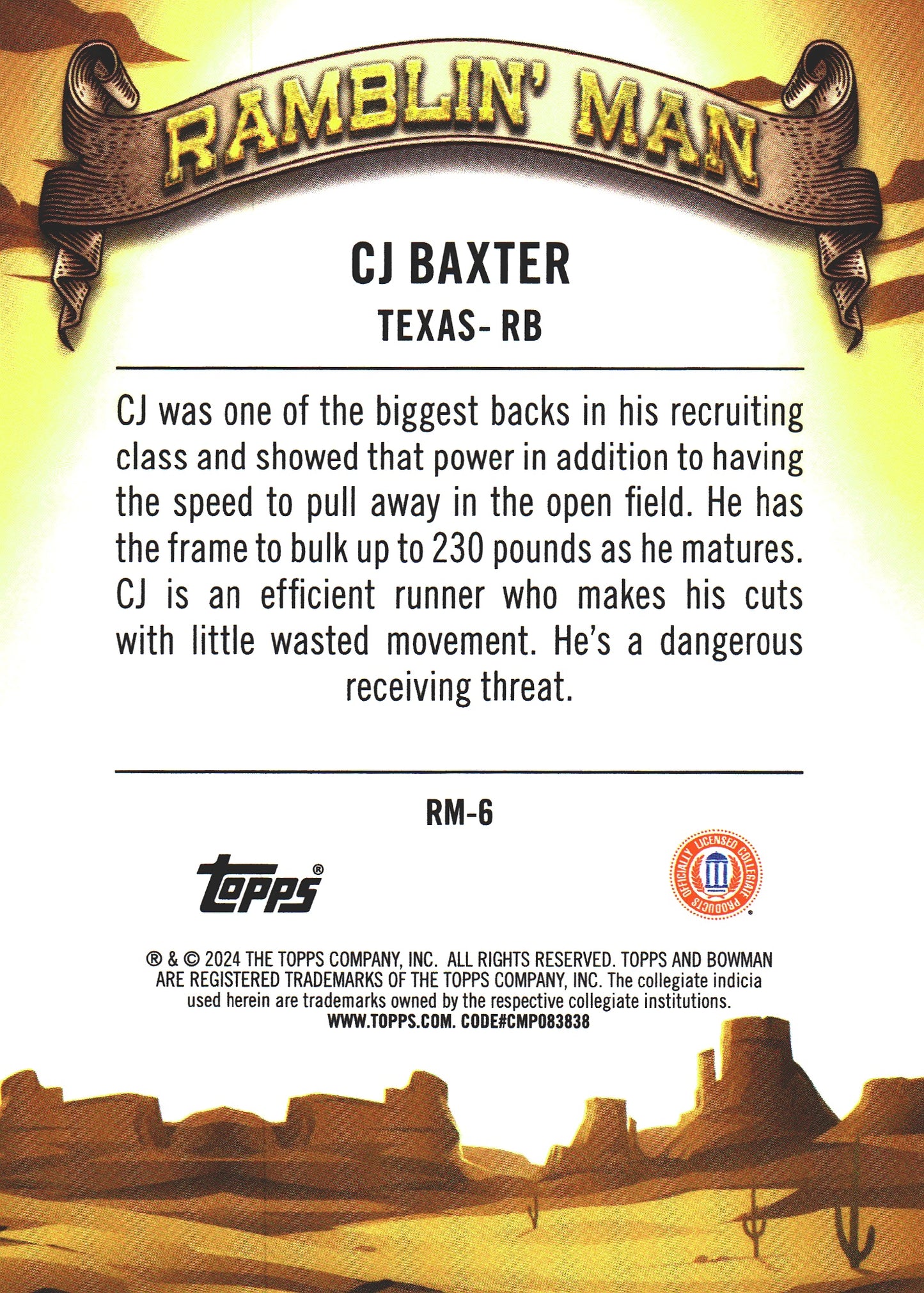 2024 Topps Bowman U Chrome Ramblin' Man Pink /150 CJ Baxter #RM-6 Texas Longhorns