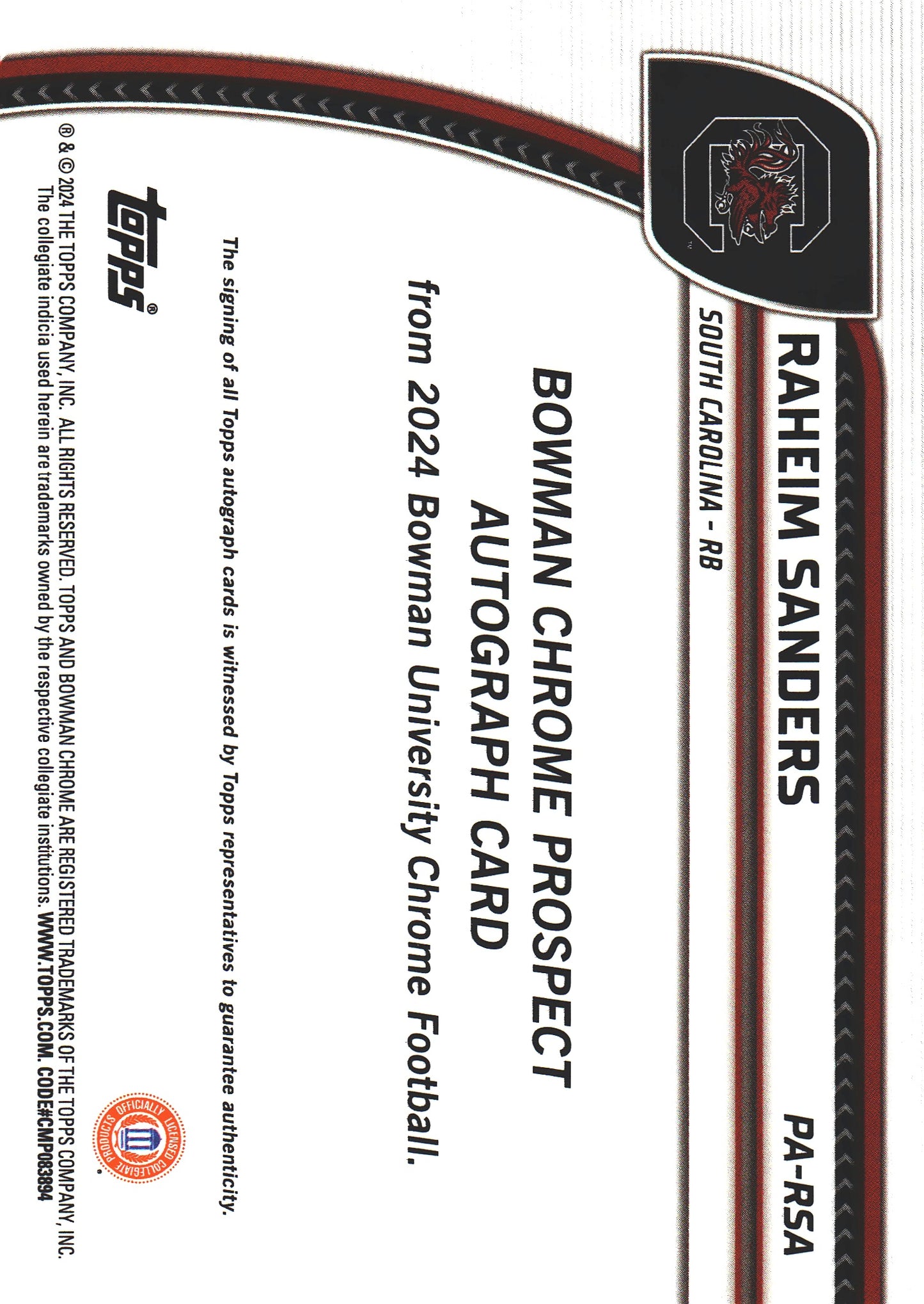 2024 Topps Bowman U Chrome Autograph Raheim Sanders #PA-RSA South Carolina Gamecocks