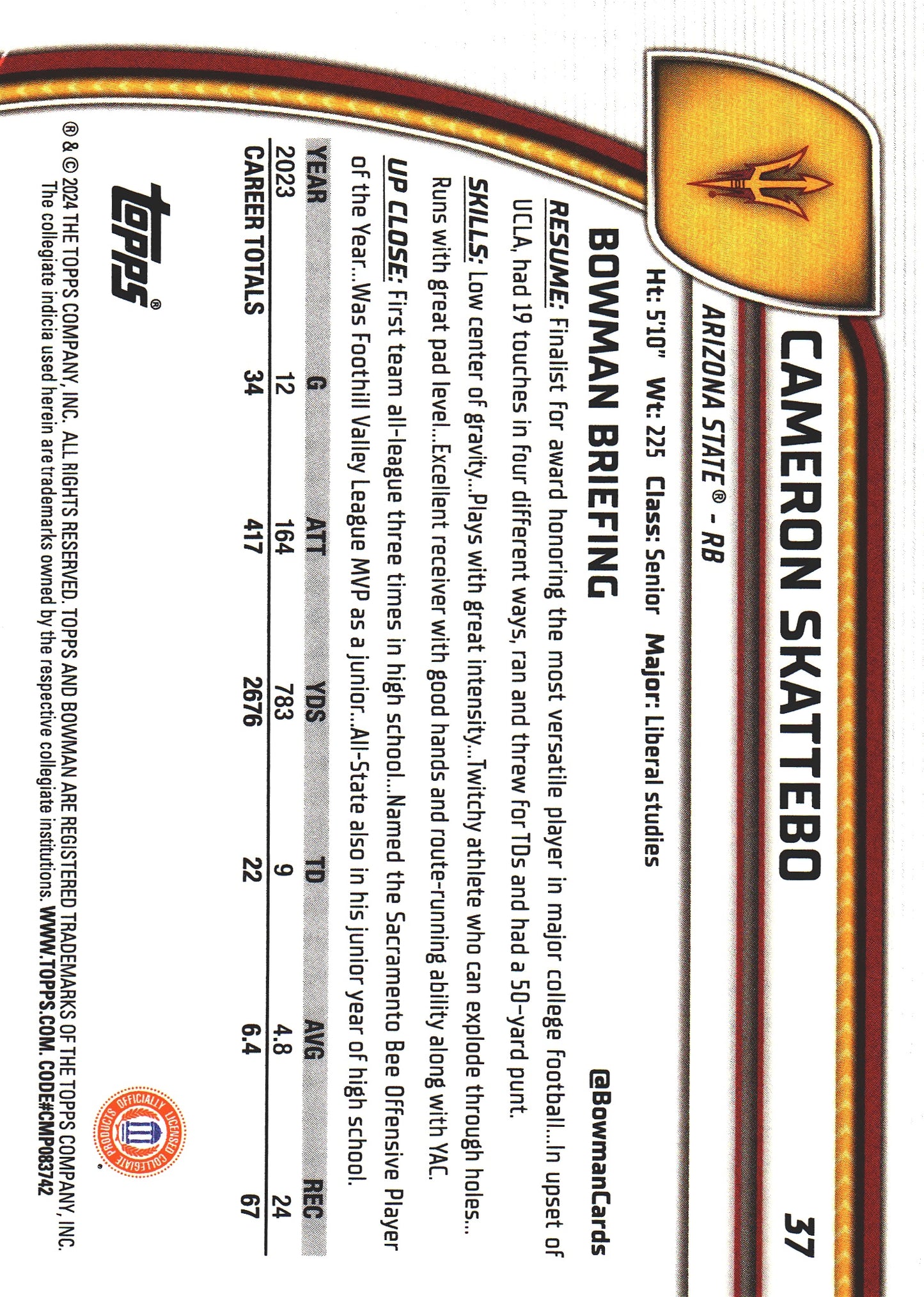 2024 Topps Bowman U Chrome 1st Cameron Skattebo #37 Arizona State Sun Devils