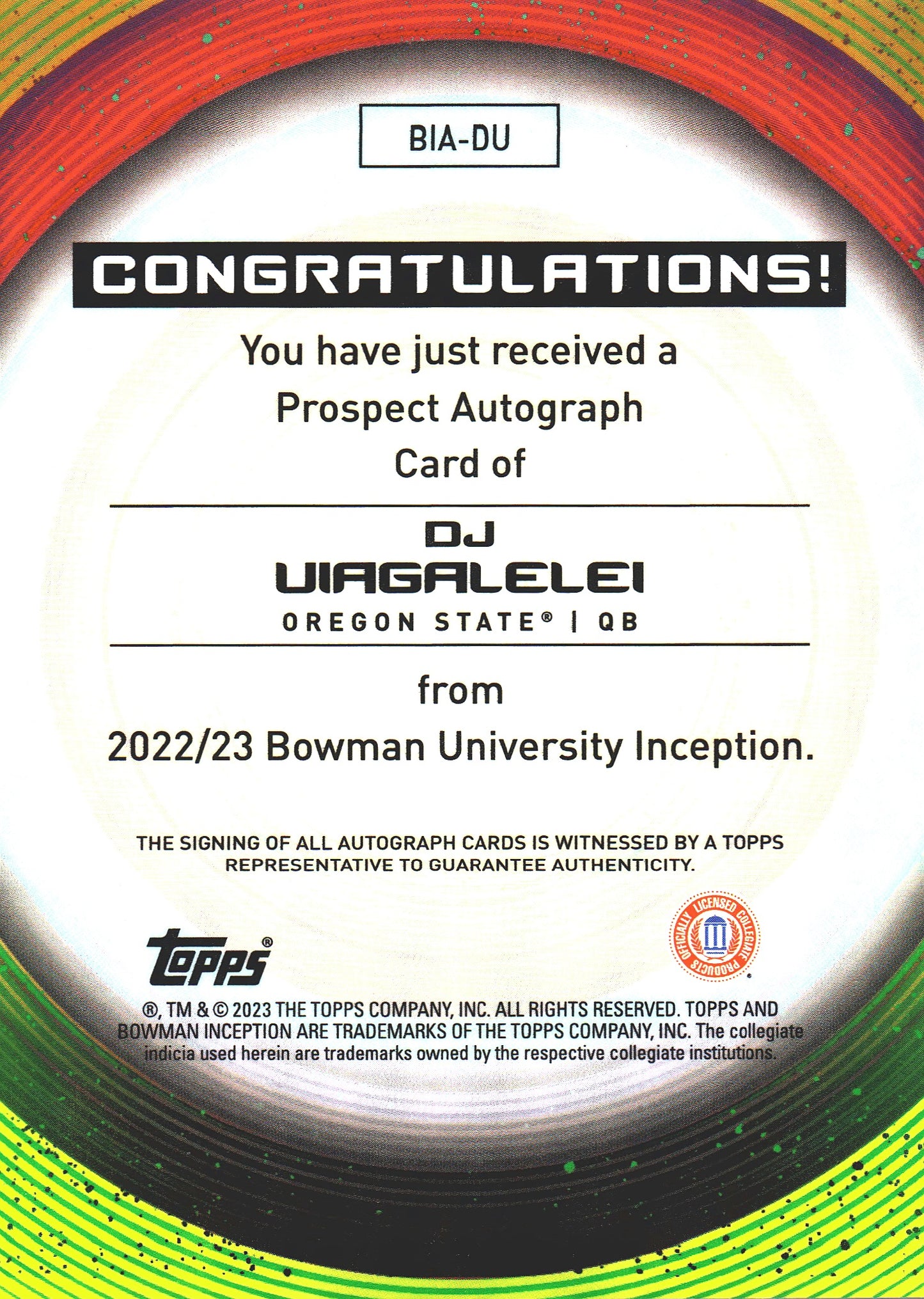 2023 Topps Bowman Inception Autograph DJ Uiagalelei #BIA-DU Oregon State Beavers