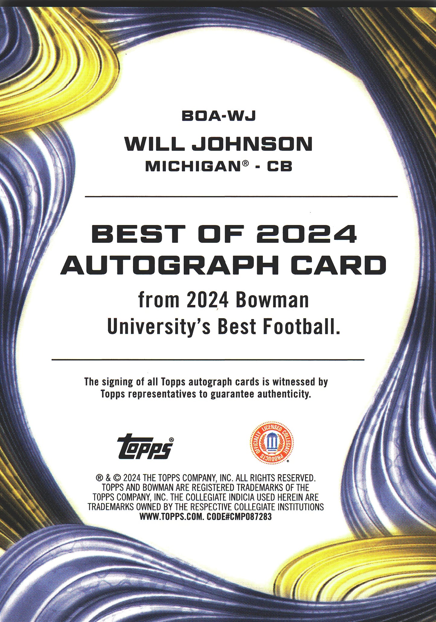 2024 Topps Bowman's Best Autograph Will Johnson #BOA-WJ Michigan Wolverines