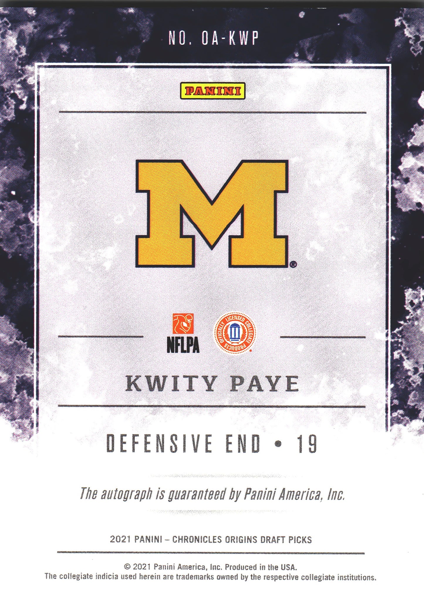 2021 Panini Origins Autograph /99 Kwity Paye #OA-KWP Michigan Wolverines