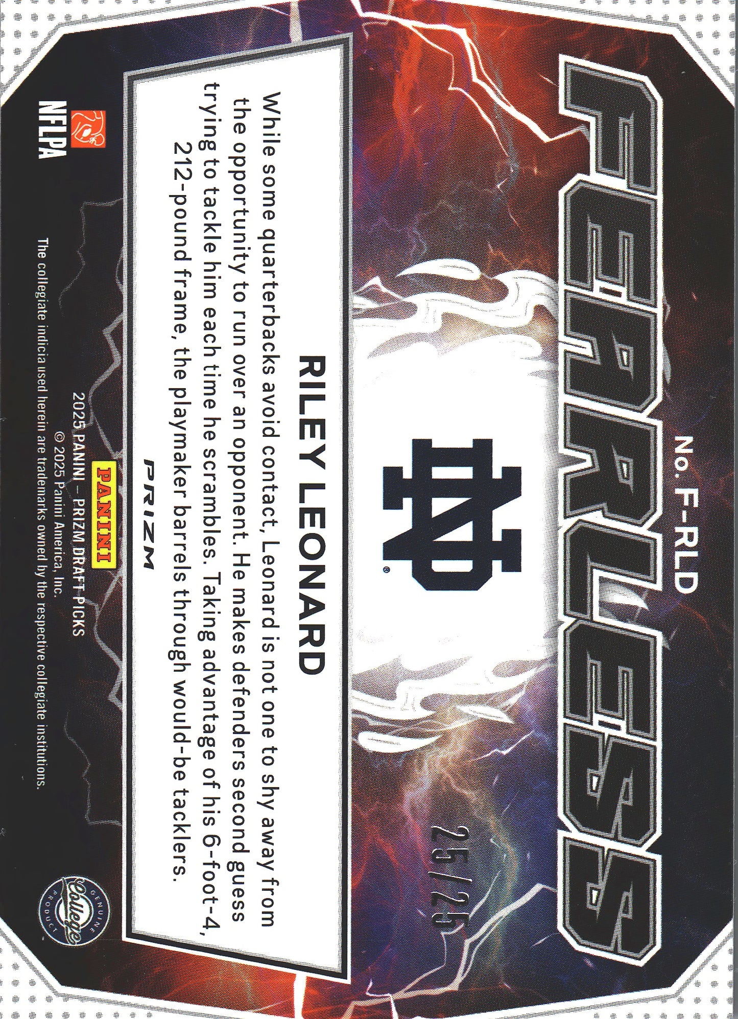 2025 Panini Prizm Draft Picks Fearless Pink Pulsar /25 Riley Leonard RC #F-RLD Notre Dame Fighting Irish