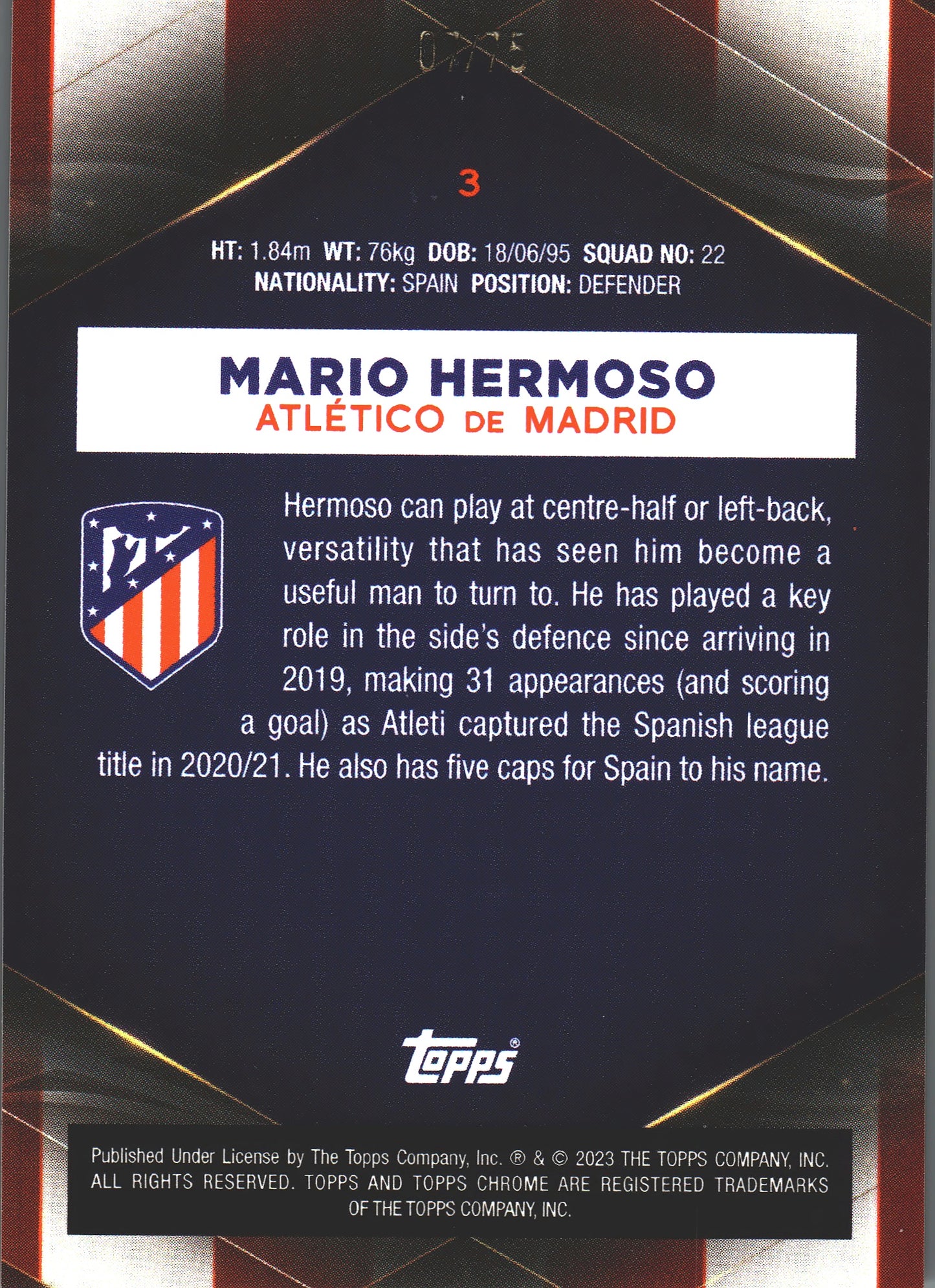 2022 Topps Chrome Set Mario Hermoso /75 #3 Atlético de Madrid