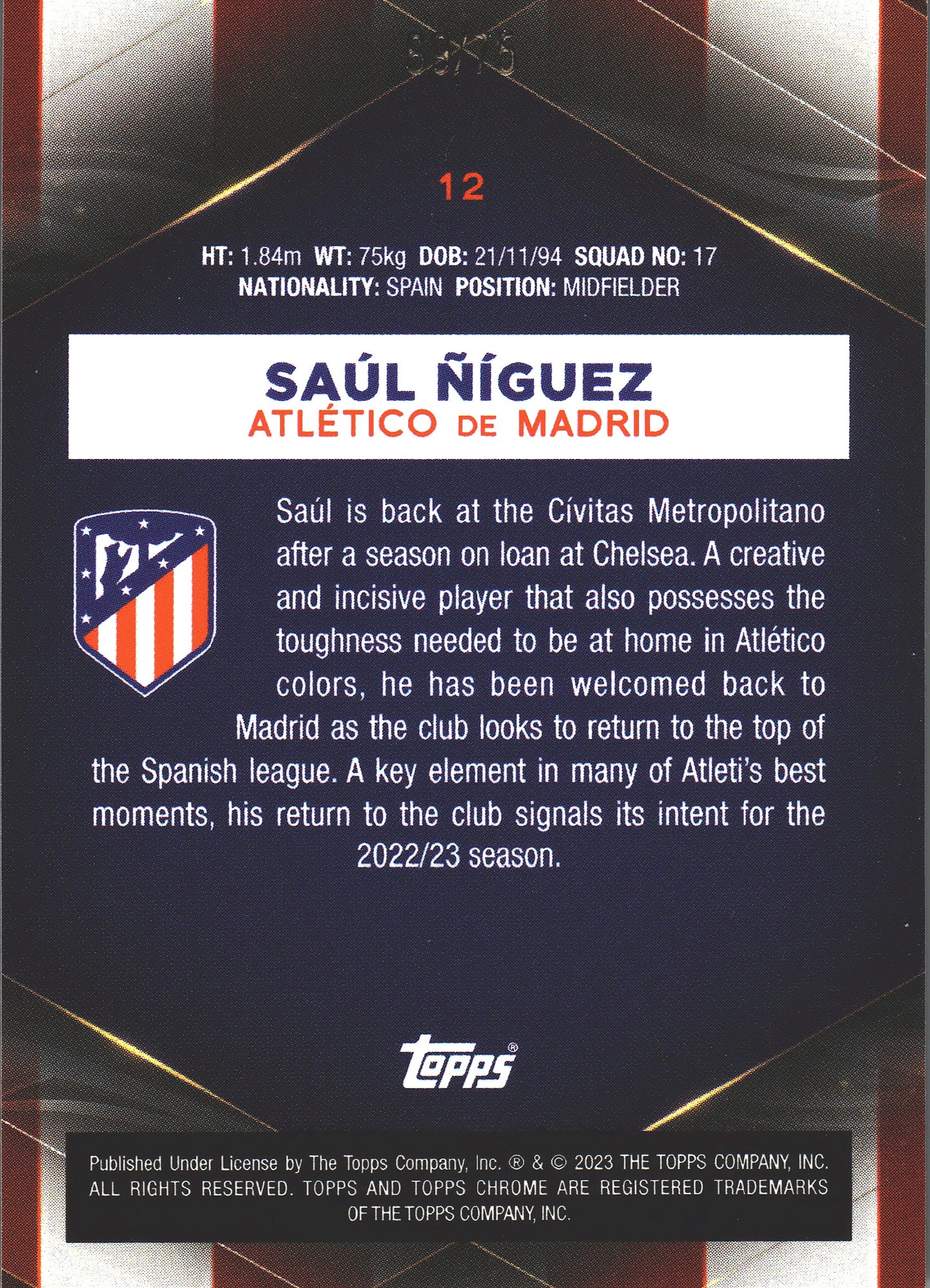 2022 Topps Chrome Set Saúl Ñíguez /75 #12 Atlético de Madrid