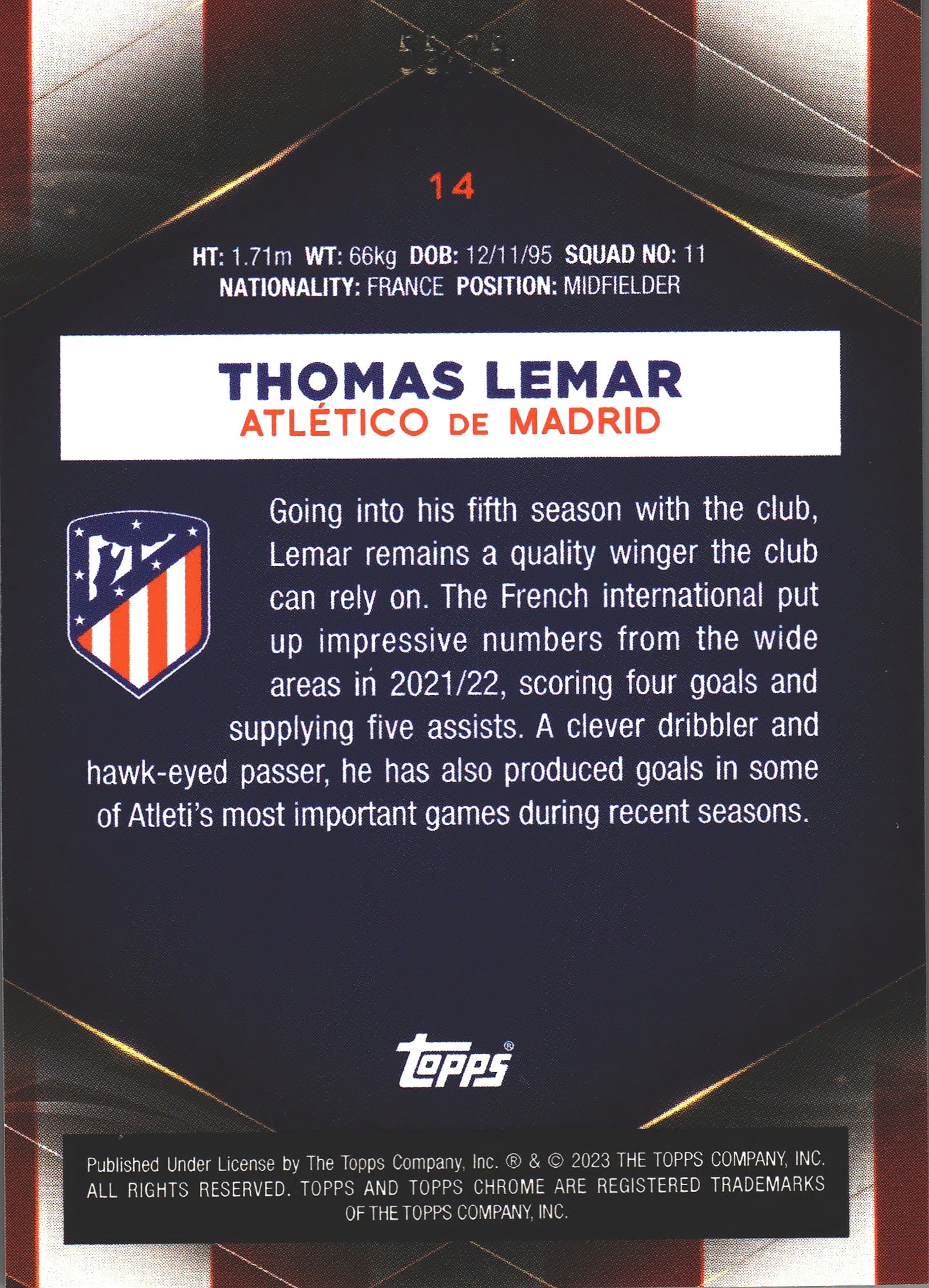 2022 Topps Chrome Set Thomas Lemar /75 #14 Atlético de Madrid