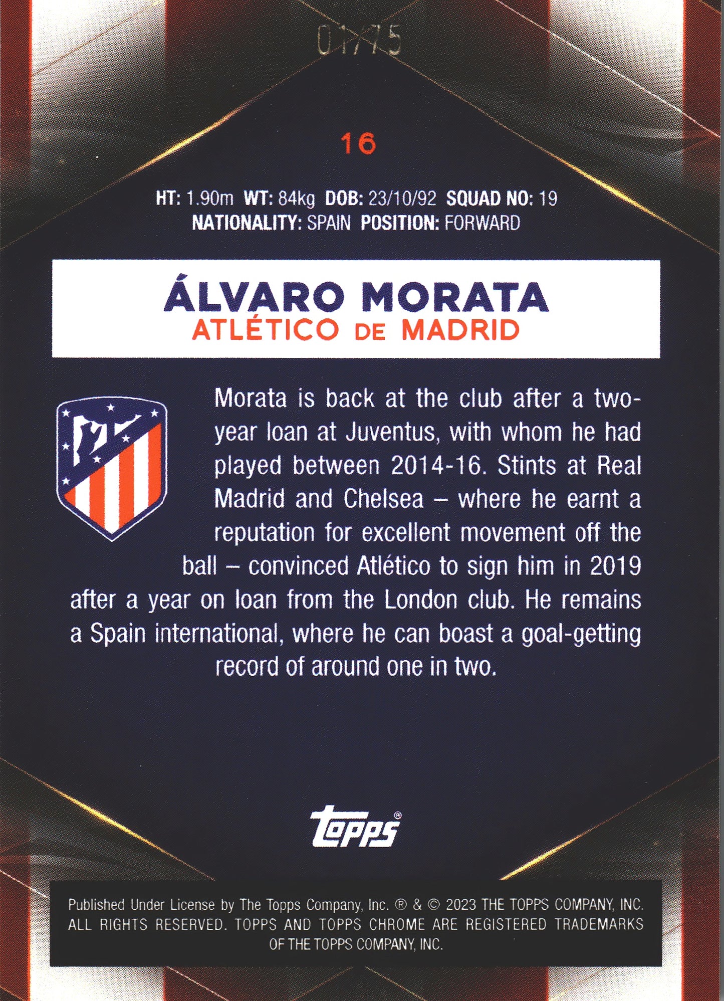 2022 Topps Chrome Set Álvaro Morata /75 #16 Atlético de Madrid