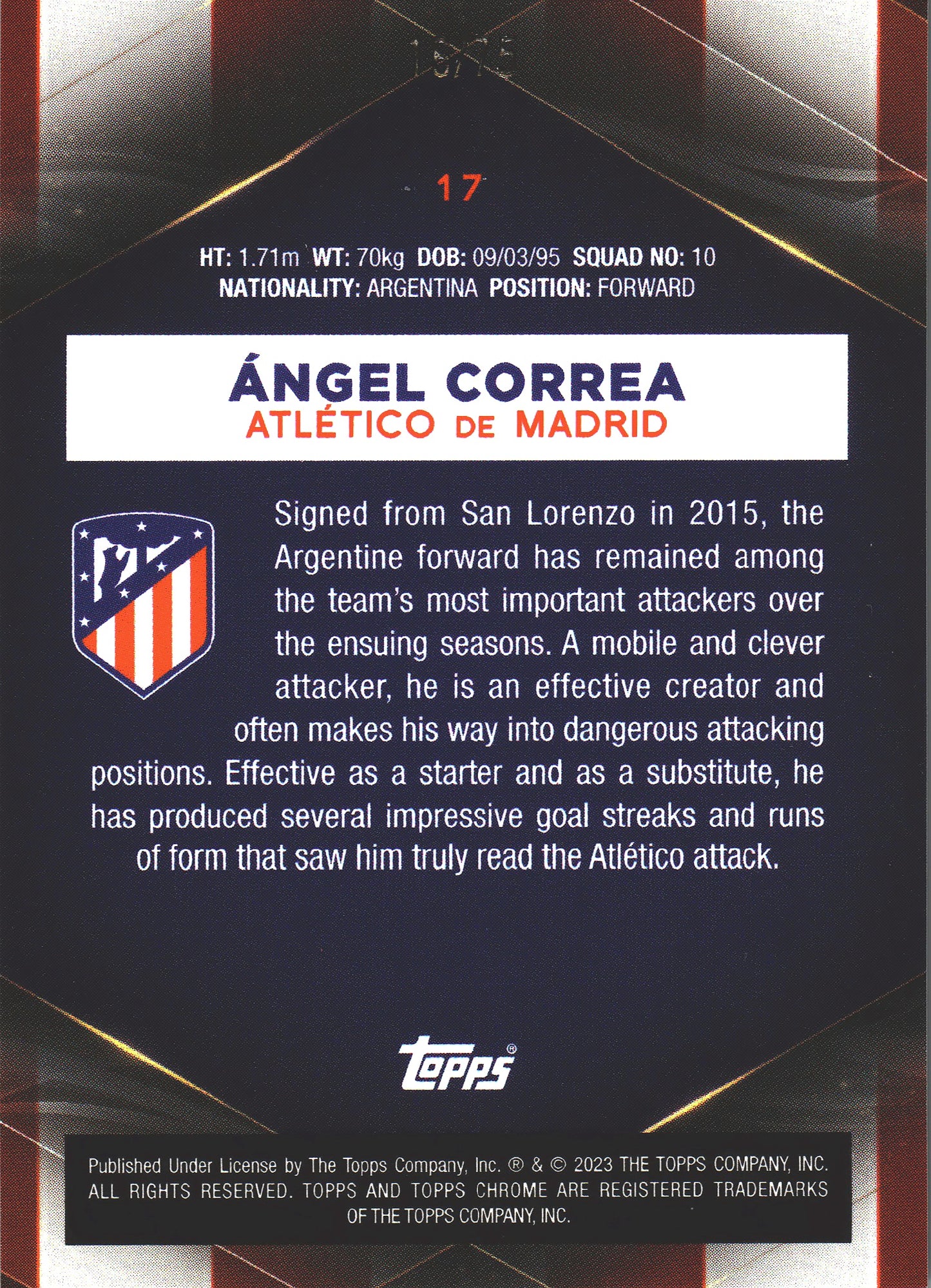 2022 Topps Chrome Set Ángel Correa /75 #17 Atlético de Madrid
