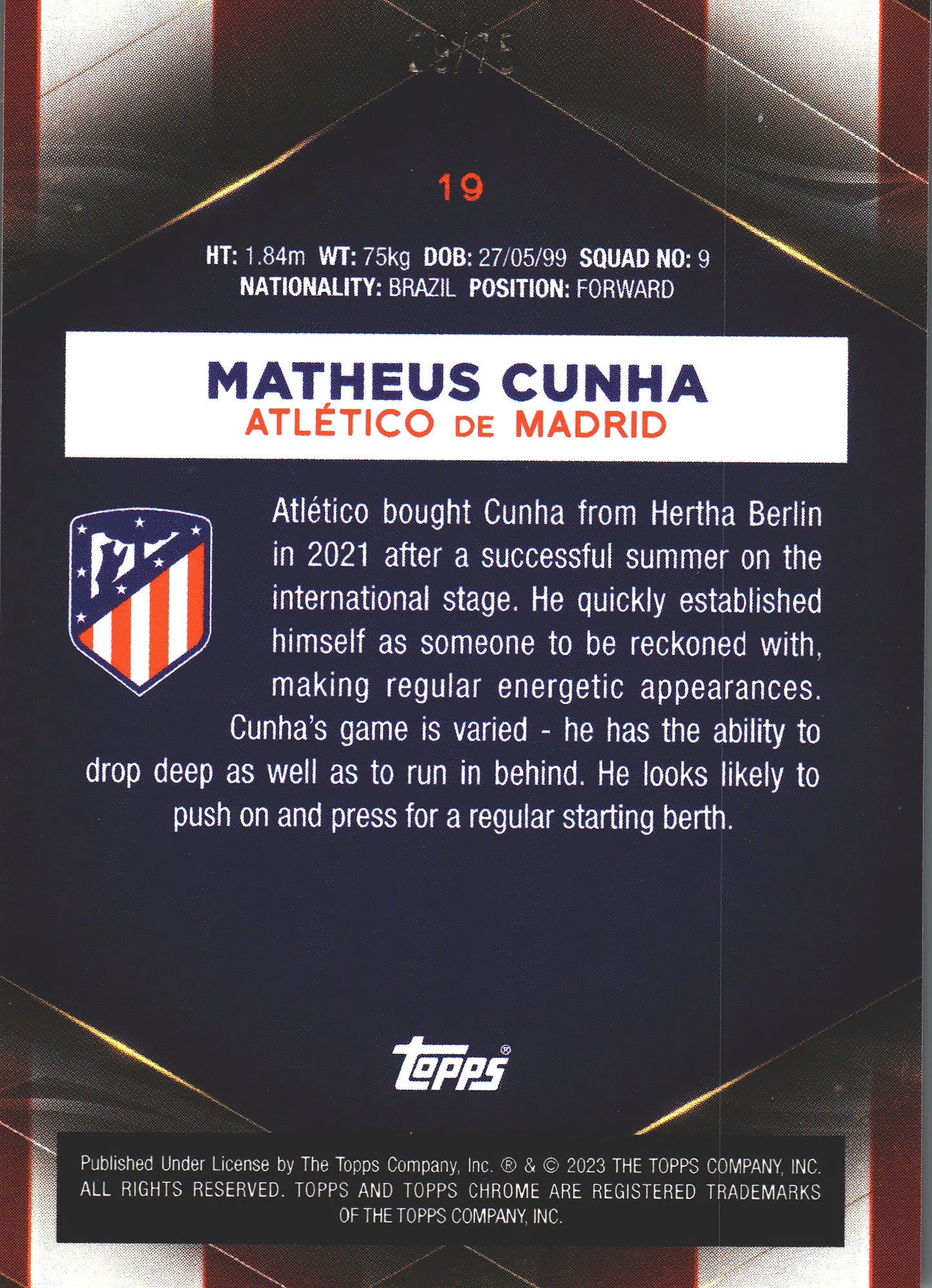 2022 Topps Chrome Set Matheus Cunha /75 #19 Atlético de Madrid