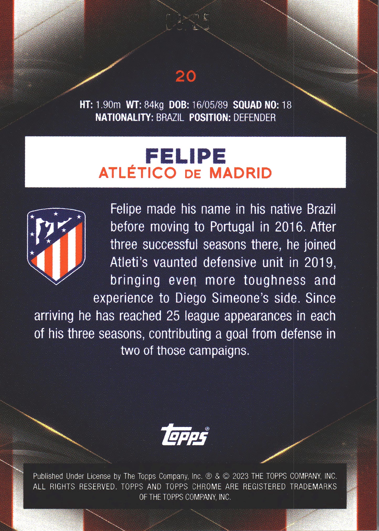 2022 Topps Chrome Set Felipe Red /25 #20 Atlético de Madrid