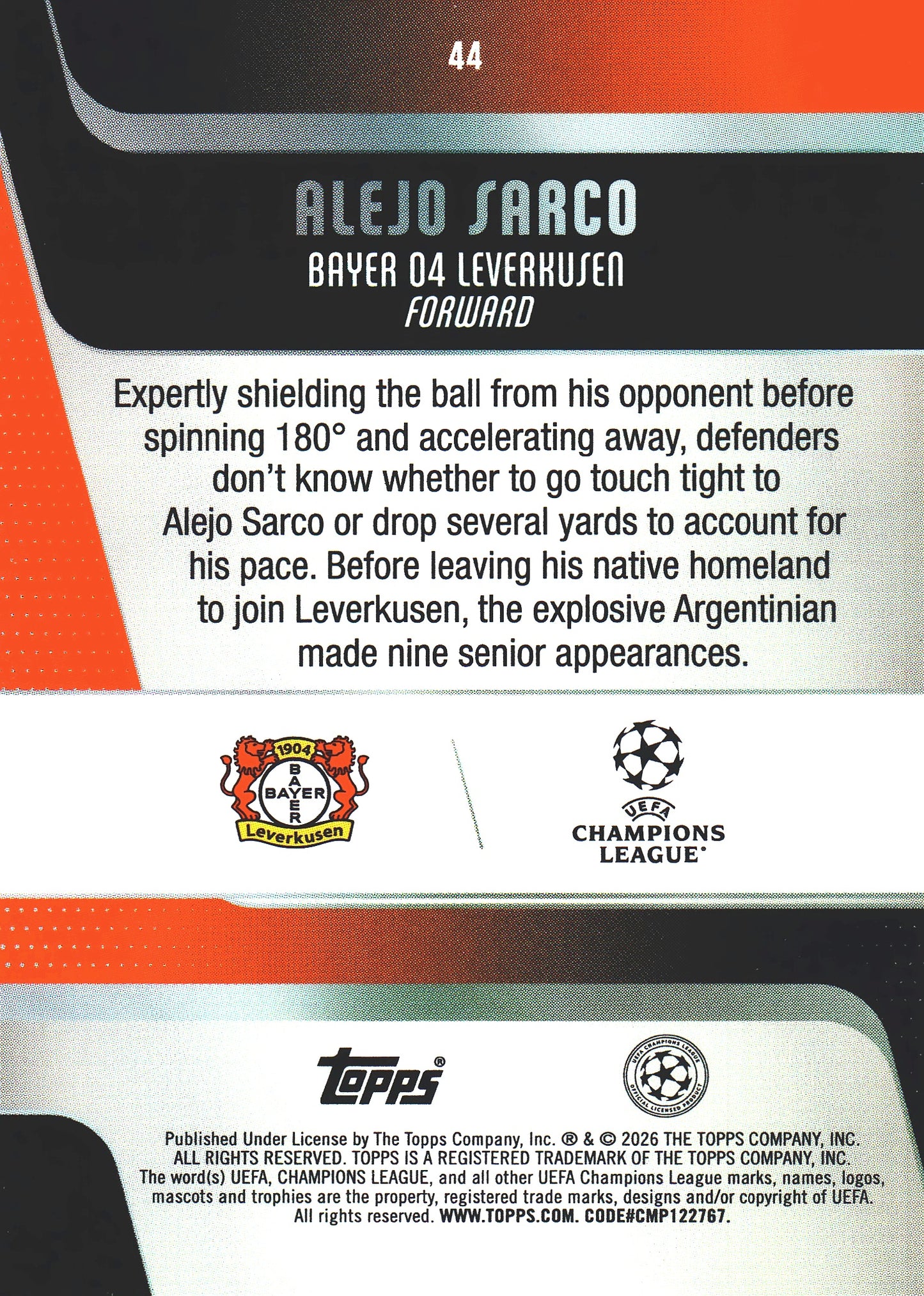 2025 Topps Flagship UCC Japan Sunflowers Alejo Sarco RC #44 Bayer 04 Leverkusen