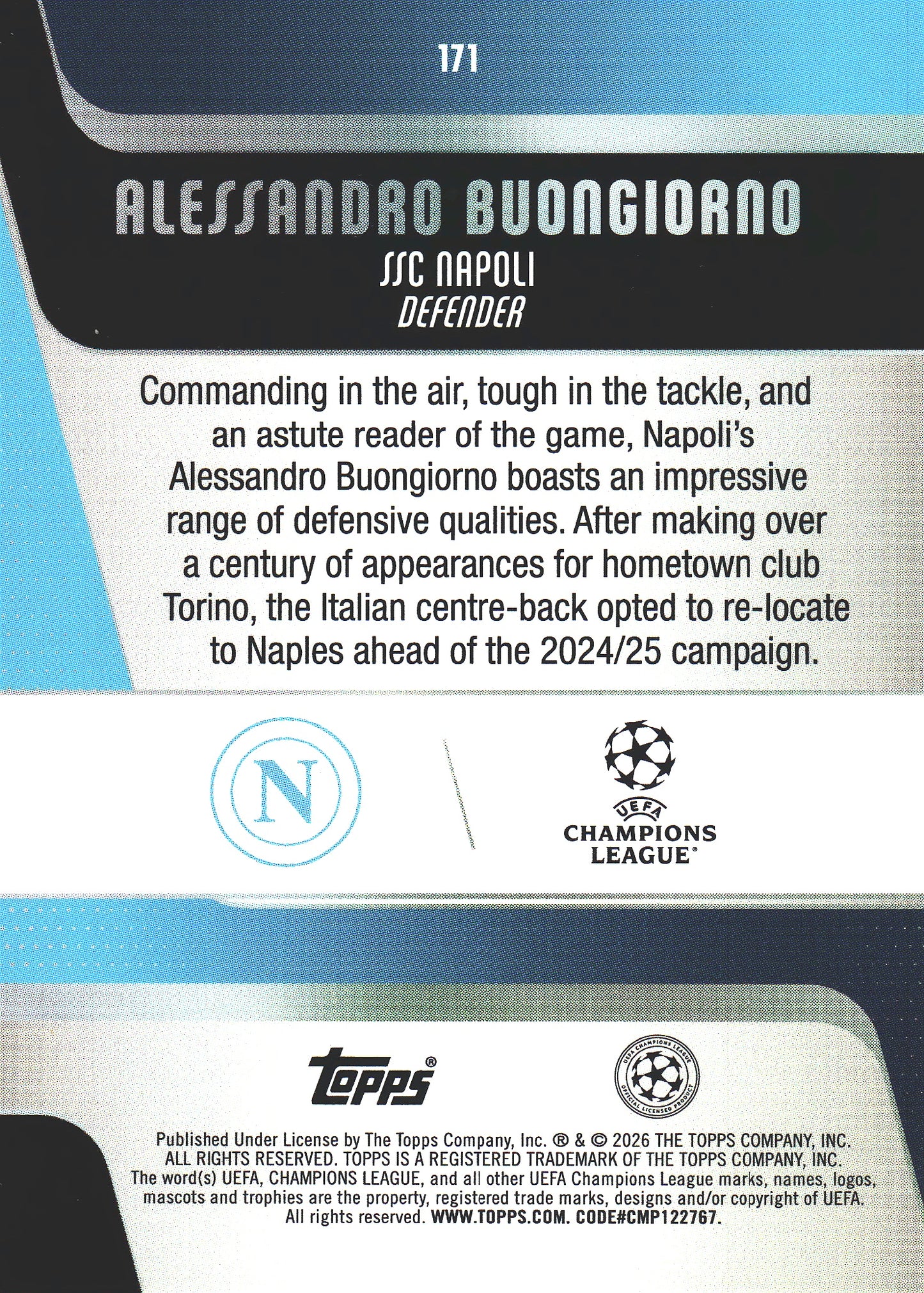 2025 Topps Flagship UCC Japan Blue Sunflowers /150 Alessandro Buongiorno #171 SSC Napoli