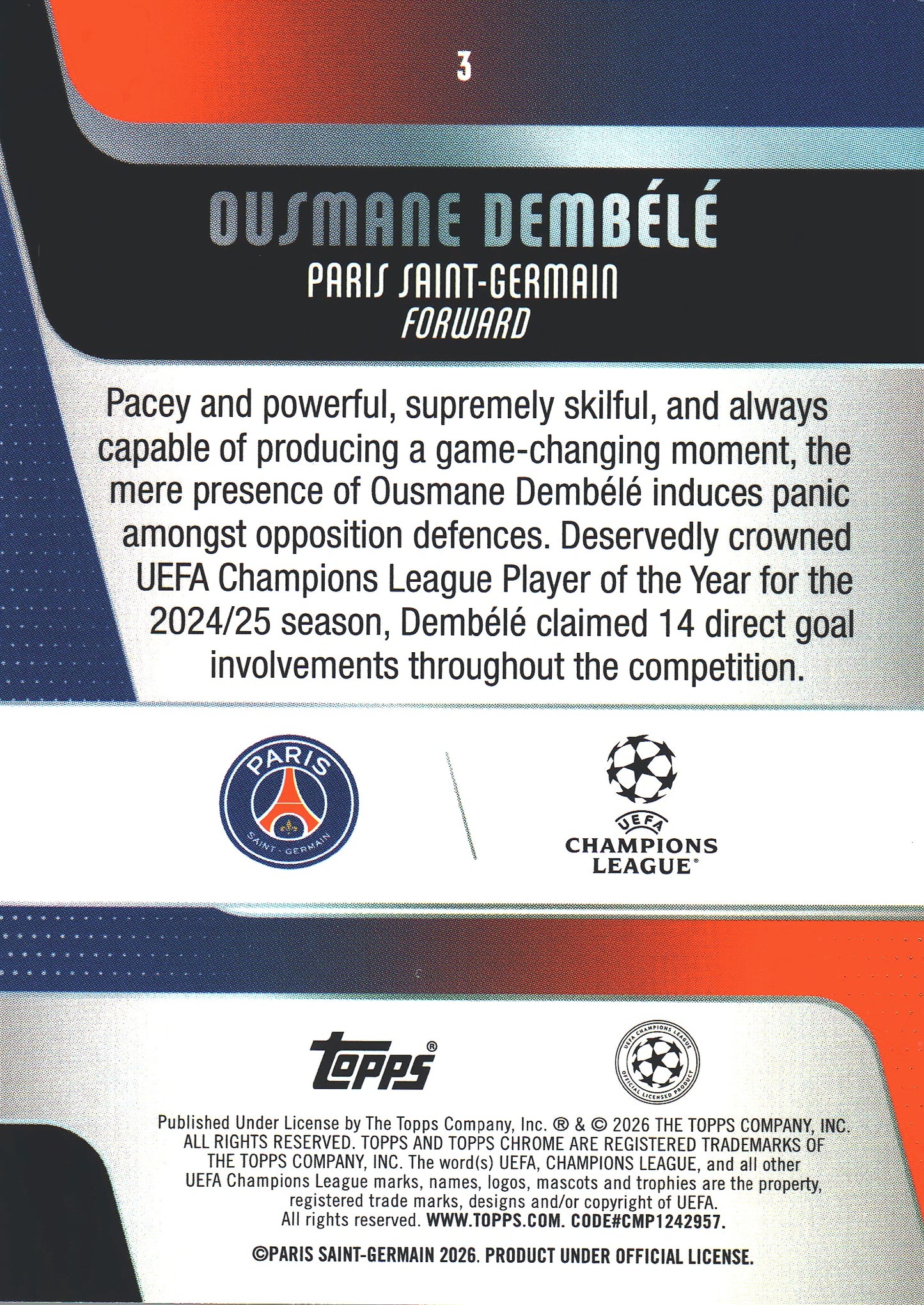 2025 Topps Chrome UCC Prism Ousmane Dembélé #3 Paris Saint-Germain