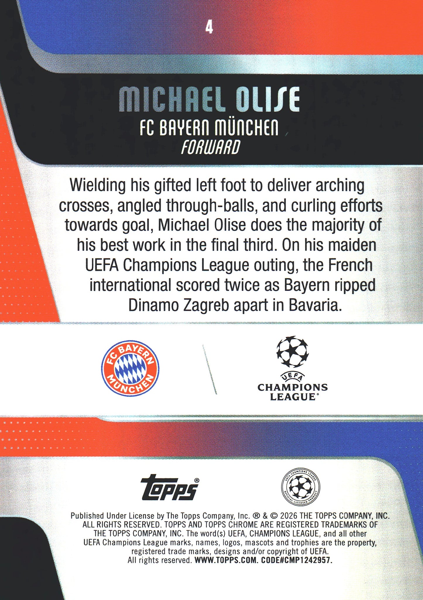 2025 Topps Chrome UCC Prism Michael Olise #4 Bayern Munich