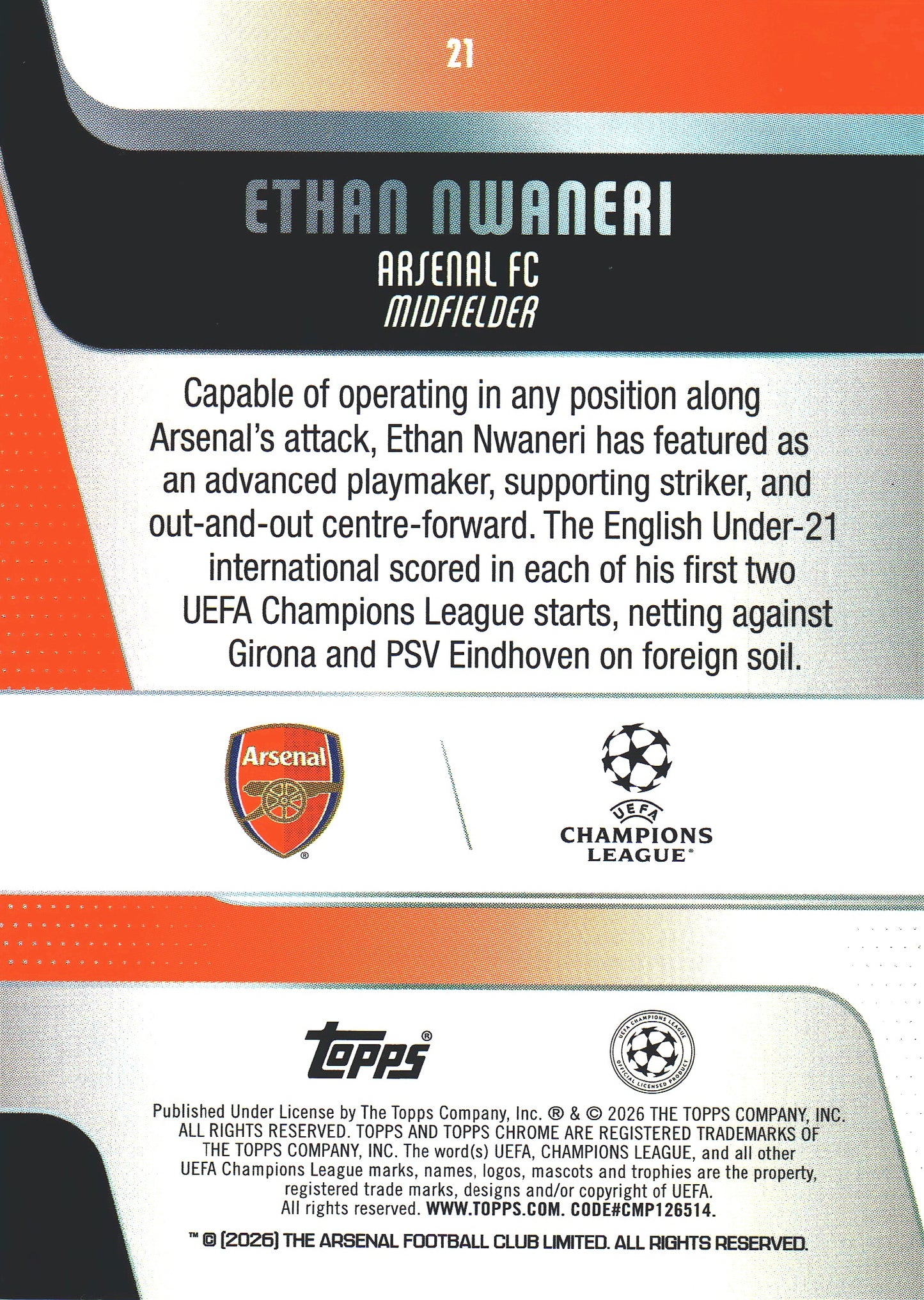 2025 Topps Chrome UCC Prism Ethan Nwaneri Future Stars #21 Arsenal FC