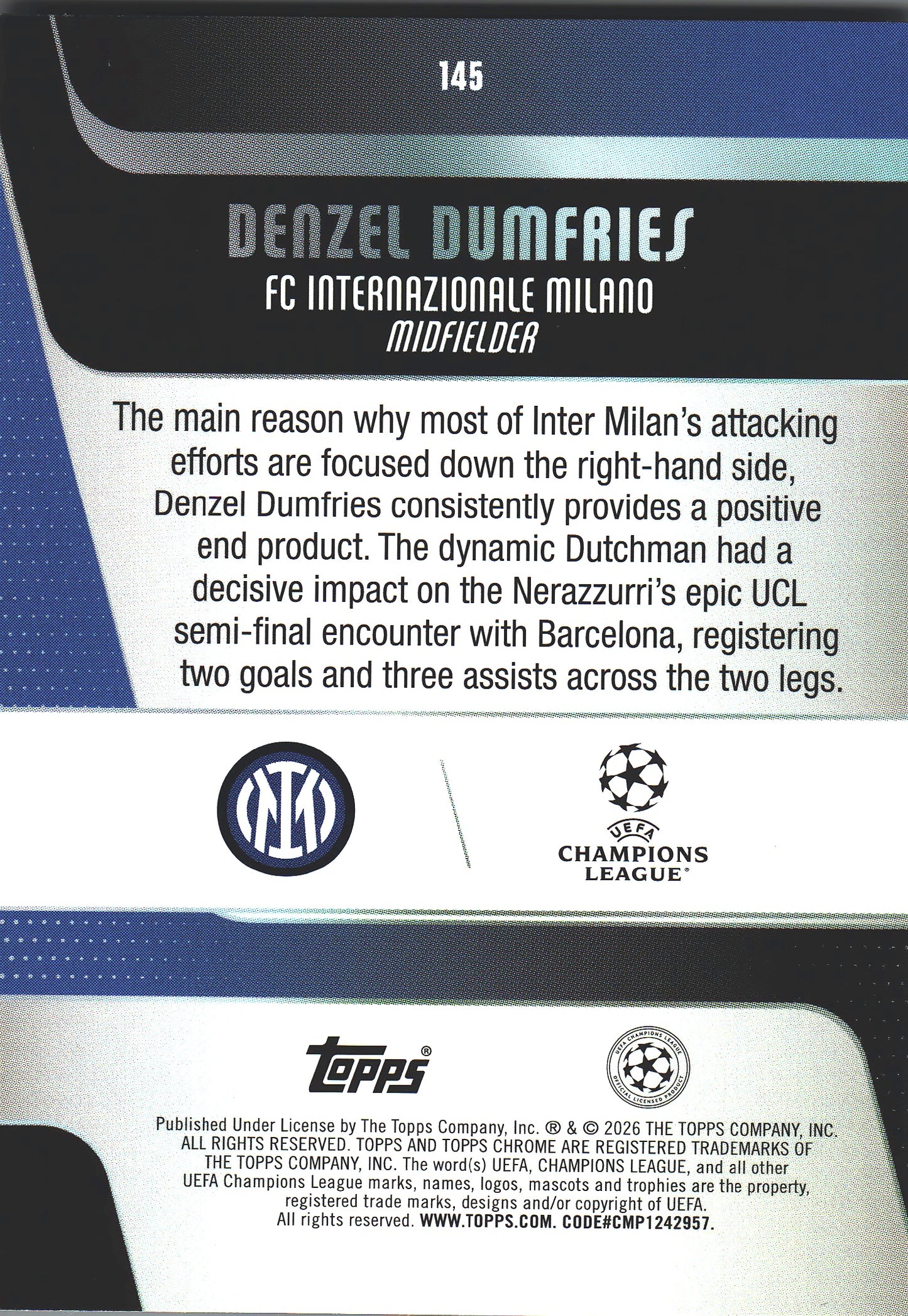 2025 Topps Chrome UCC Prism Denzel Dumfries #145 Inter Milan