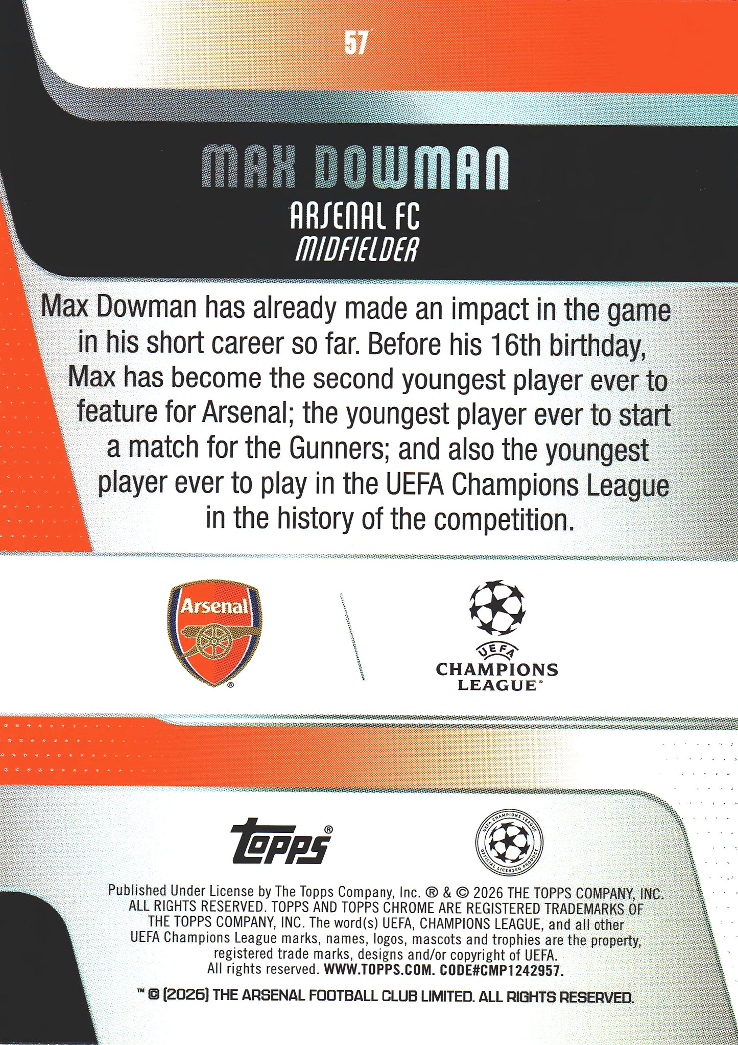 2025 Topps Chrome UCC Max Dowman RC #57 Arsenal FC