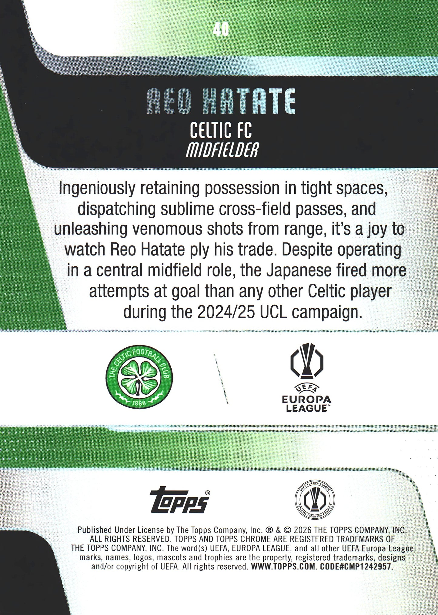 2025 Topps Chrome UCC Aqua /199 Reo Hatate #40 Celtic FC