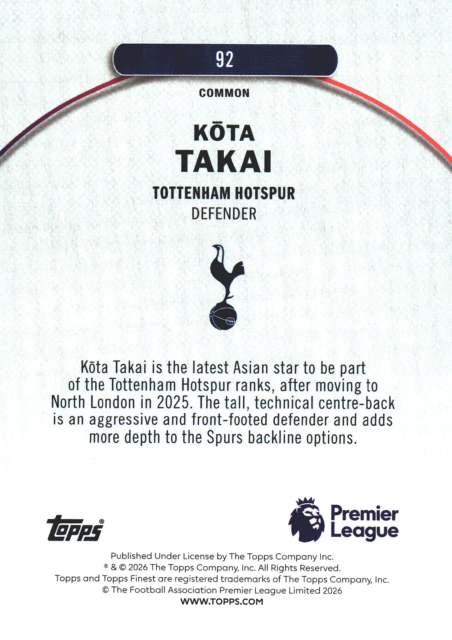 2025 Topps Finest Premier League Checkerboard Kota Takai RC #92 Tottenham Hotspur