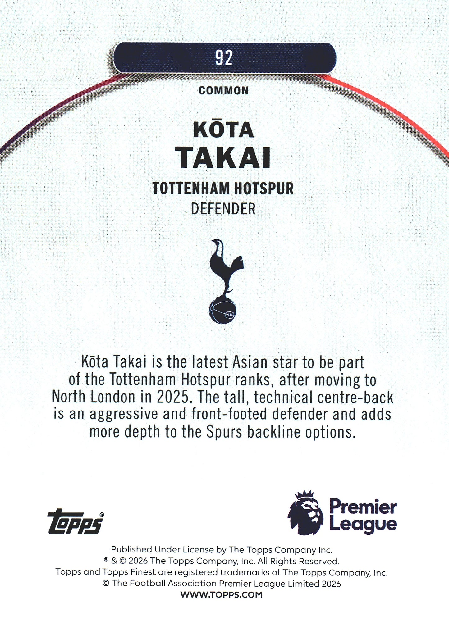 2025 Topps Finest Premier League Purple /150 Kota Takai RC #92 Tottenham Hotspur