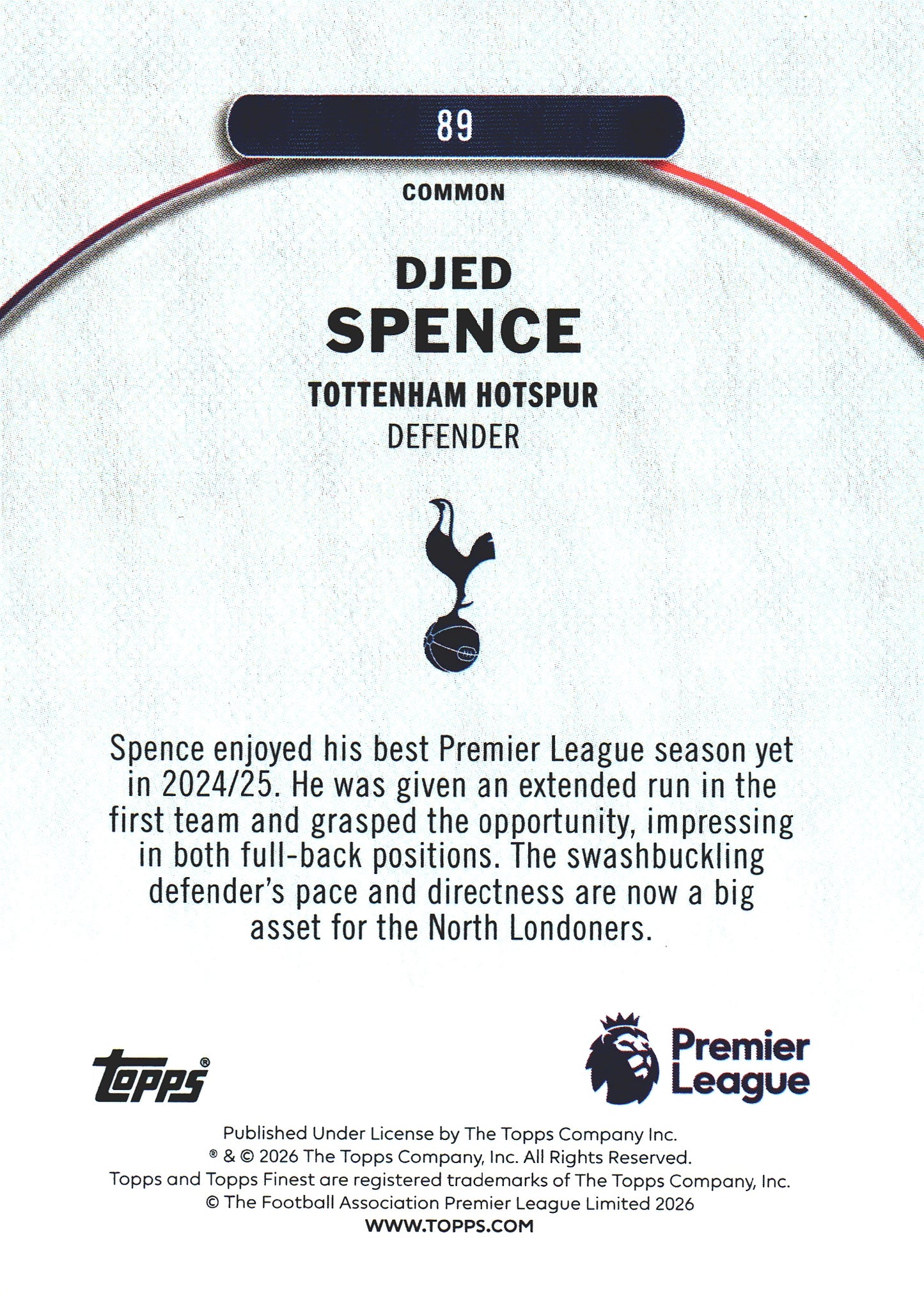 2025 Topps Finest Premier League Blue /200 Djed Spence #89 Tottenham Hotspur
