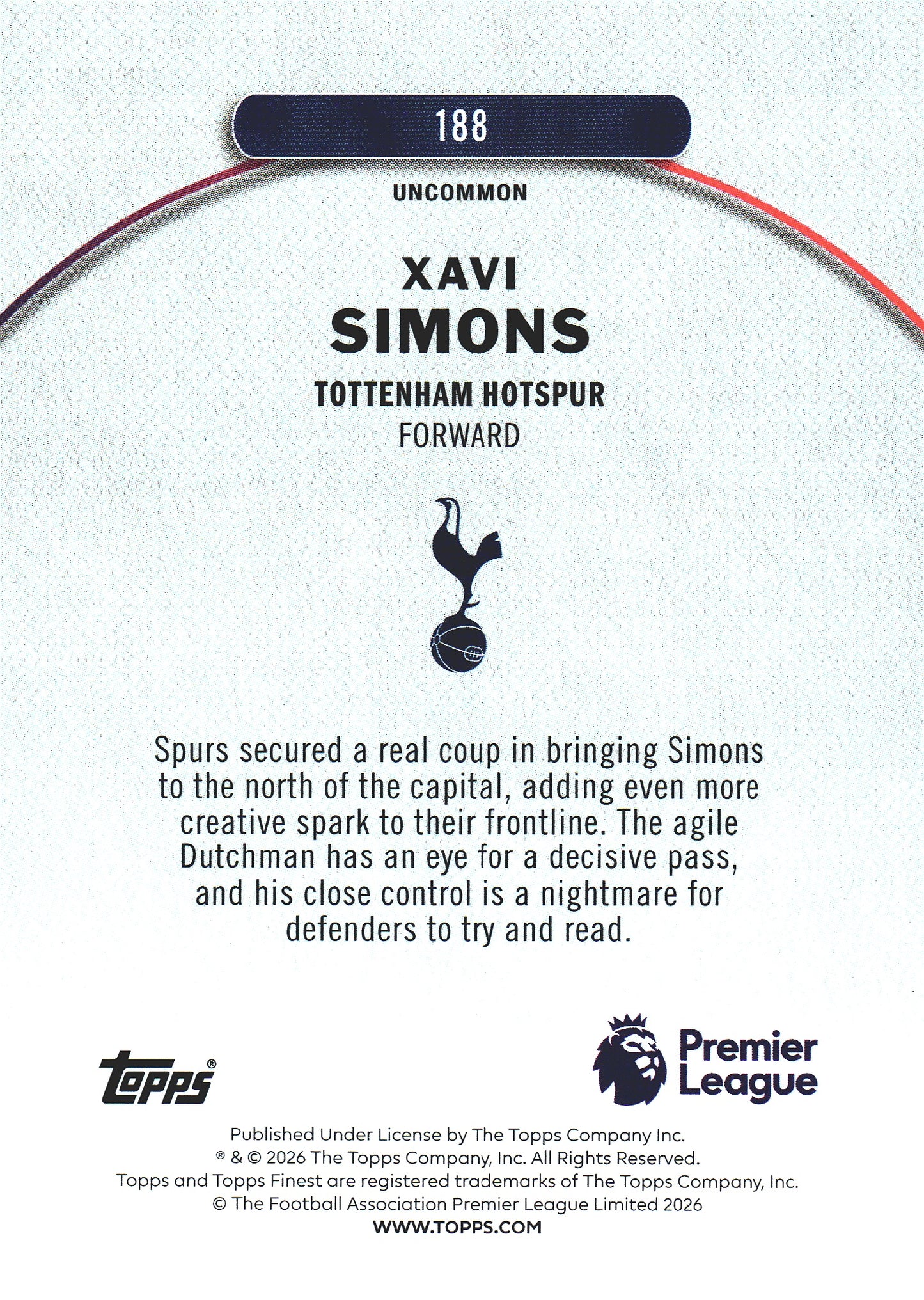 2025 Topps Finest Premier League Blue /150 Xavi Simons #188 Tottenham Hotspur