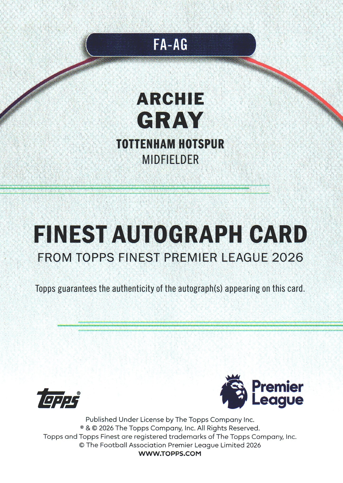 2025 Topps Finest Premier League Autograph Purple /125 Archie Gray #FA-AG Tottenham Hotspur