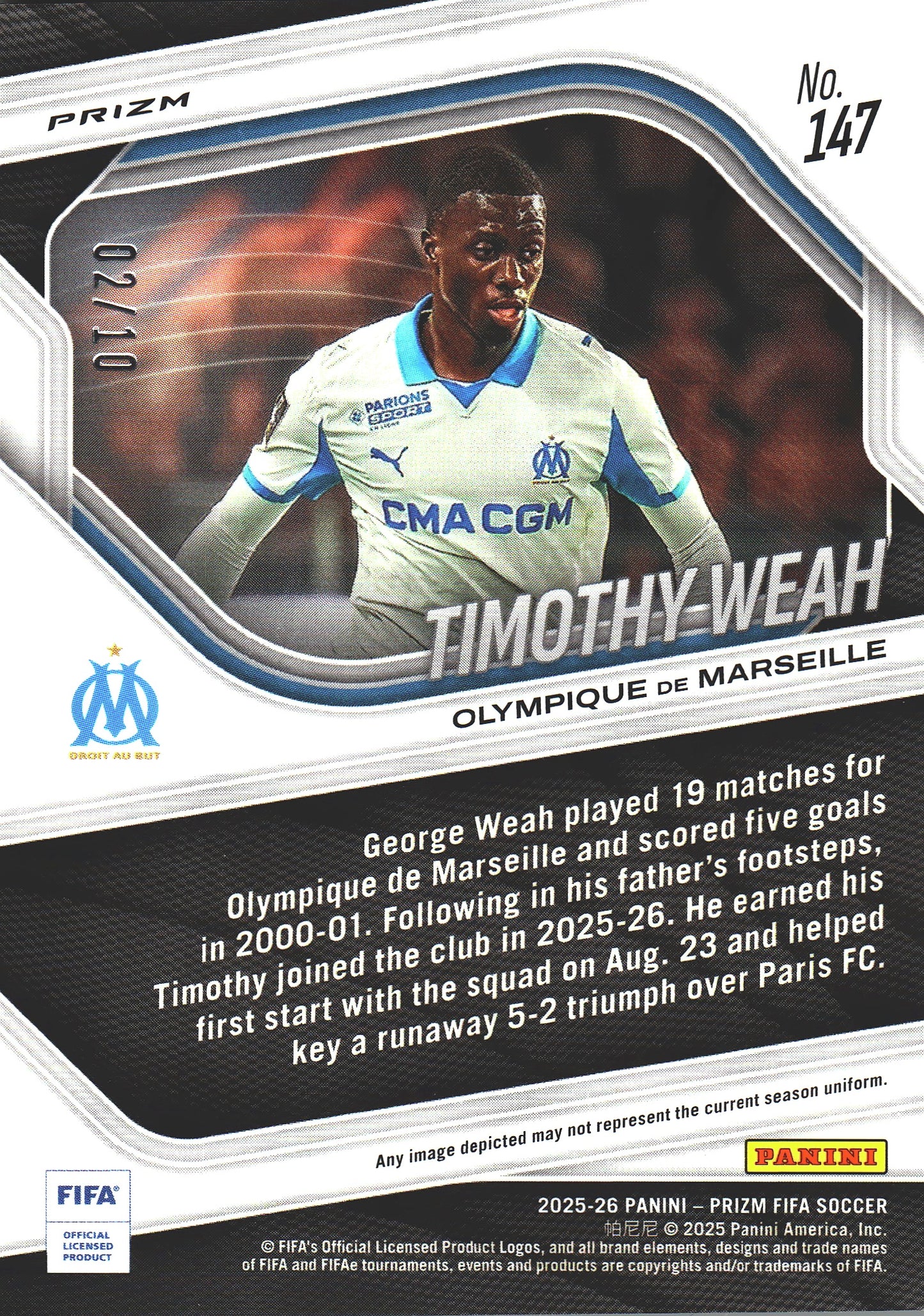 2025-26 Panini Prizm FIFA Gold Prizm /10 Timothy Weah #147 Olympique de Marseille
