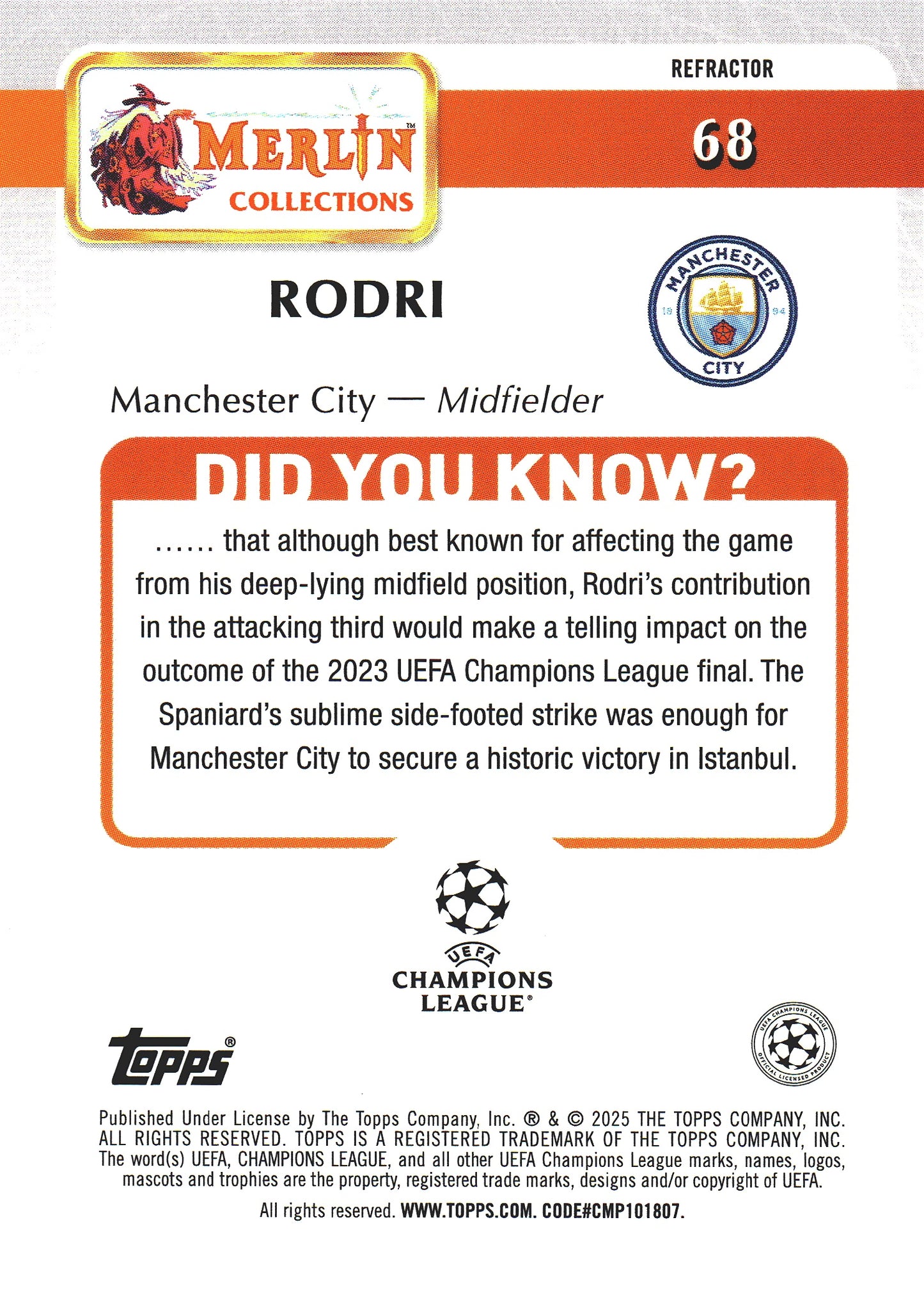 2024 Topps Chrome Merlin Refractor Rodri #68 Manchester City