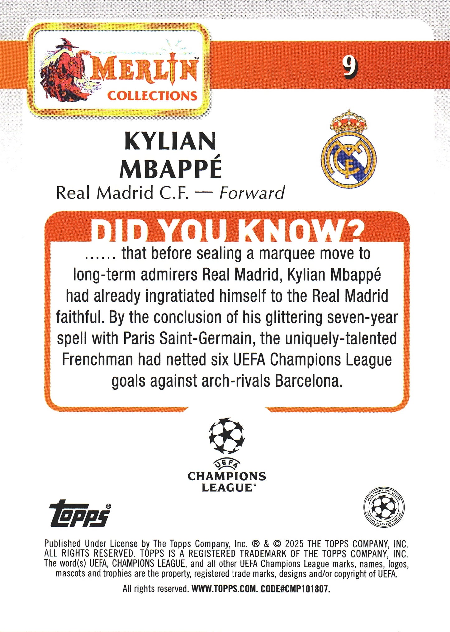 2024 Topps Chrome Merlin Atomic Kylian Mbappé #9 Real Madrid