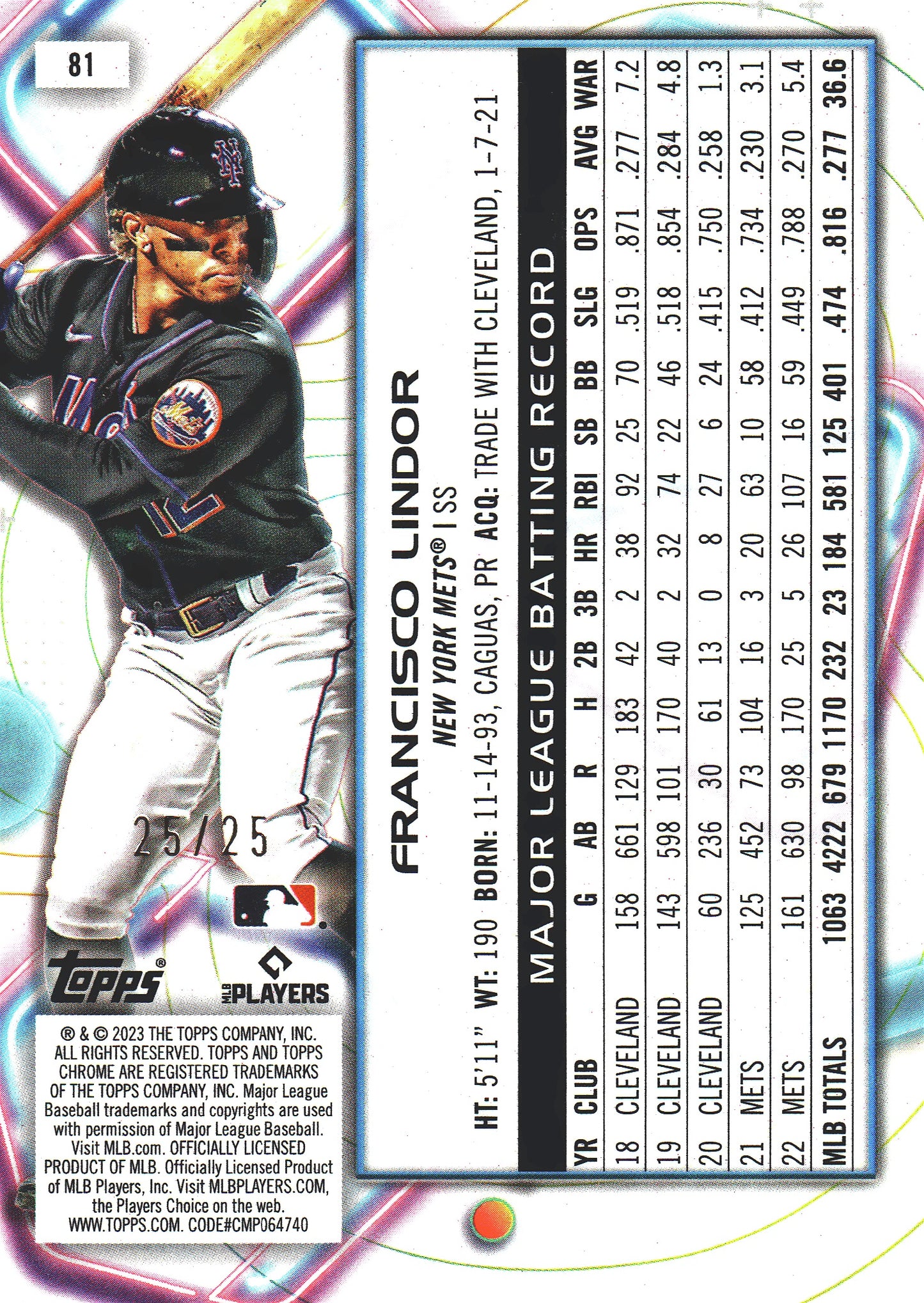 2023 Topps Chrome Cosmic Orange /25 Francisco Lindor #81 New York Mets
