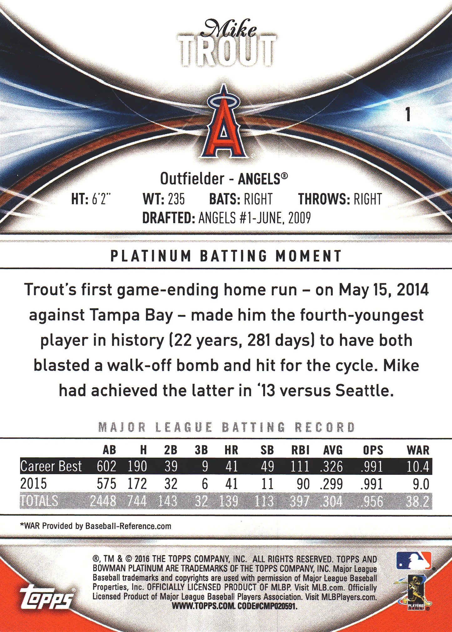 2016 Bowman Platinum Mike Trout #1 Los Angeles Angels