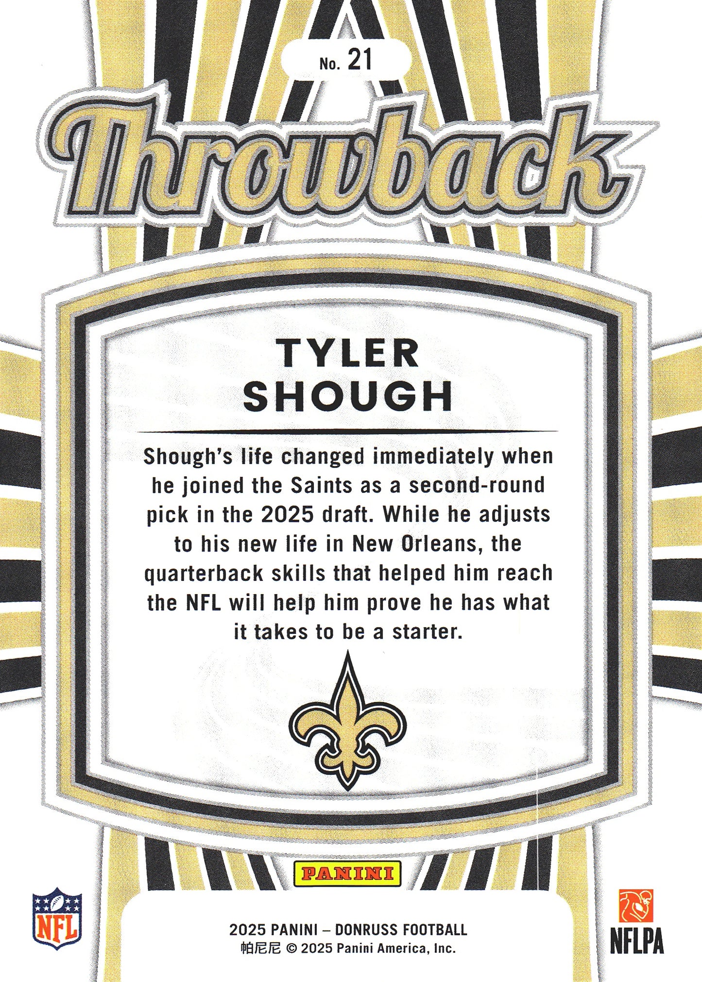 2025 Panini Donruss Rated Rookies Throwback Tyler Shough #21 New Orleans Saints