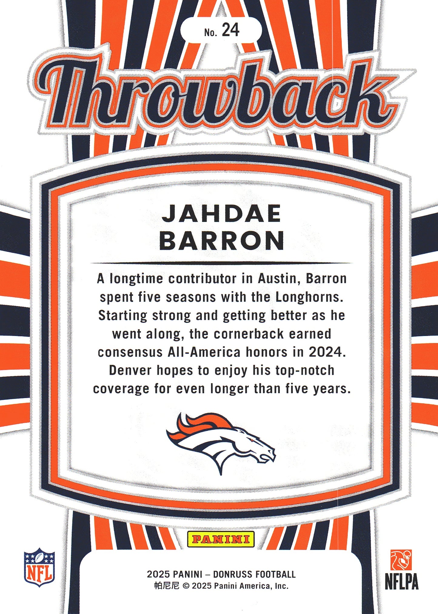 2025 Panini Donruss Rated Rookies Throwback Jahdae Barron #24 Denver Broncos
