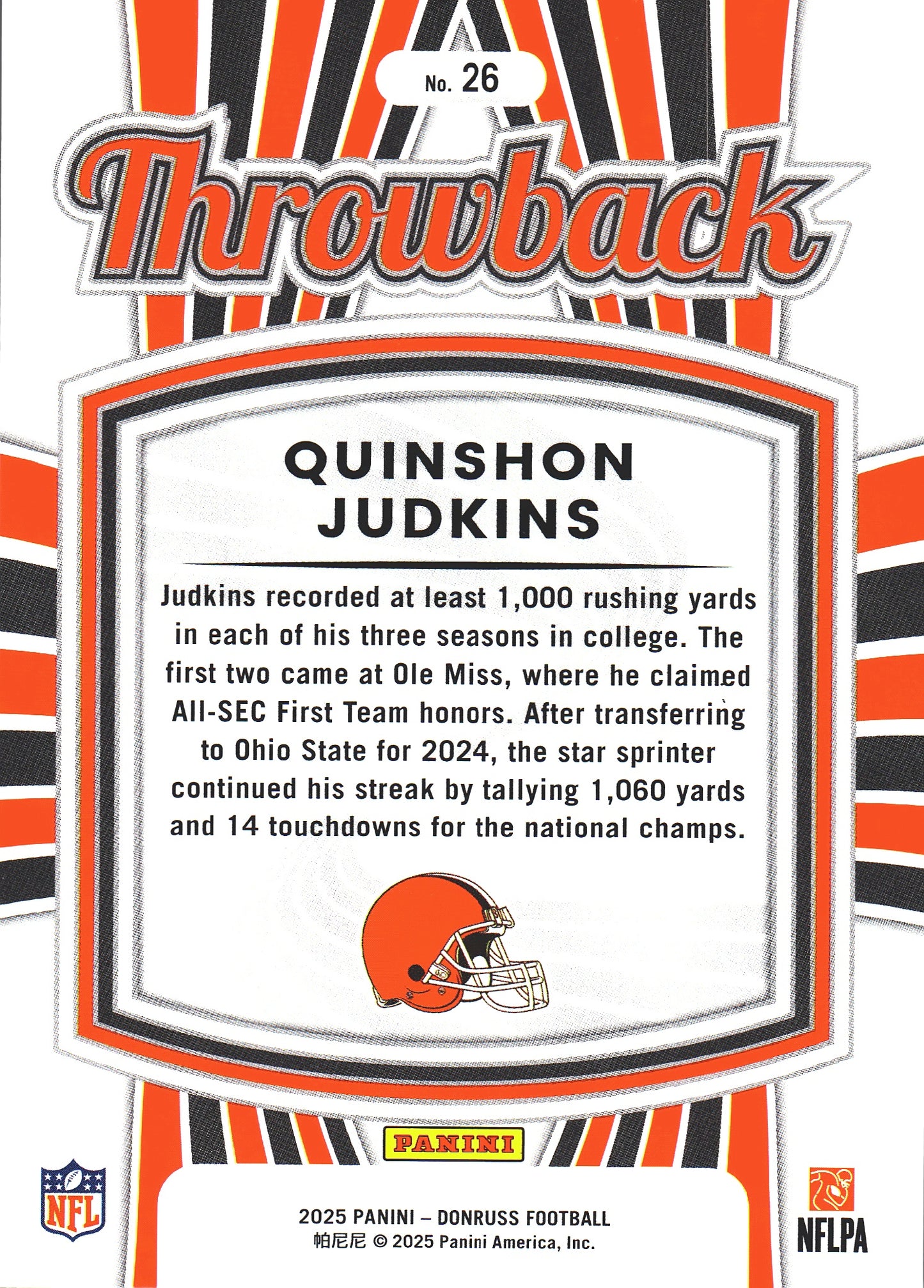 2025 Panini Donruss Rated Rookies Throwback Quinshon Judkins #26 Cleveland Browns