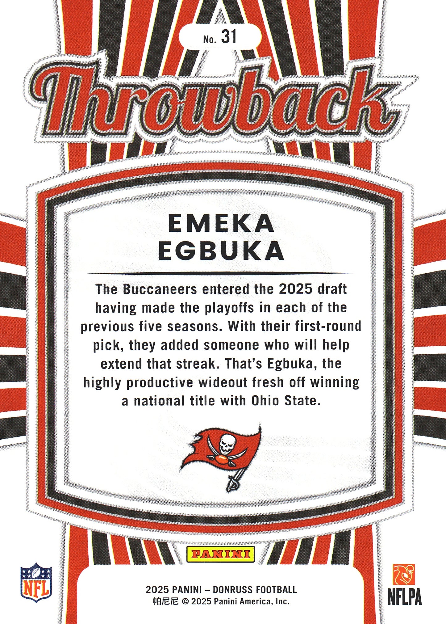 2025 Panini Donruss Rated Rookies Throwback Emeka Egbuka #31 Tampa Bay Buccaneers