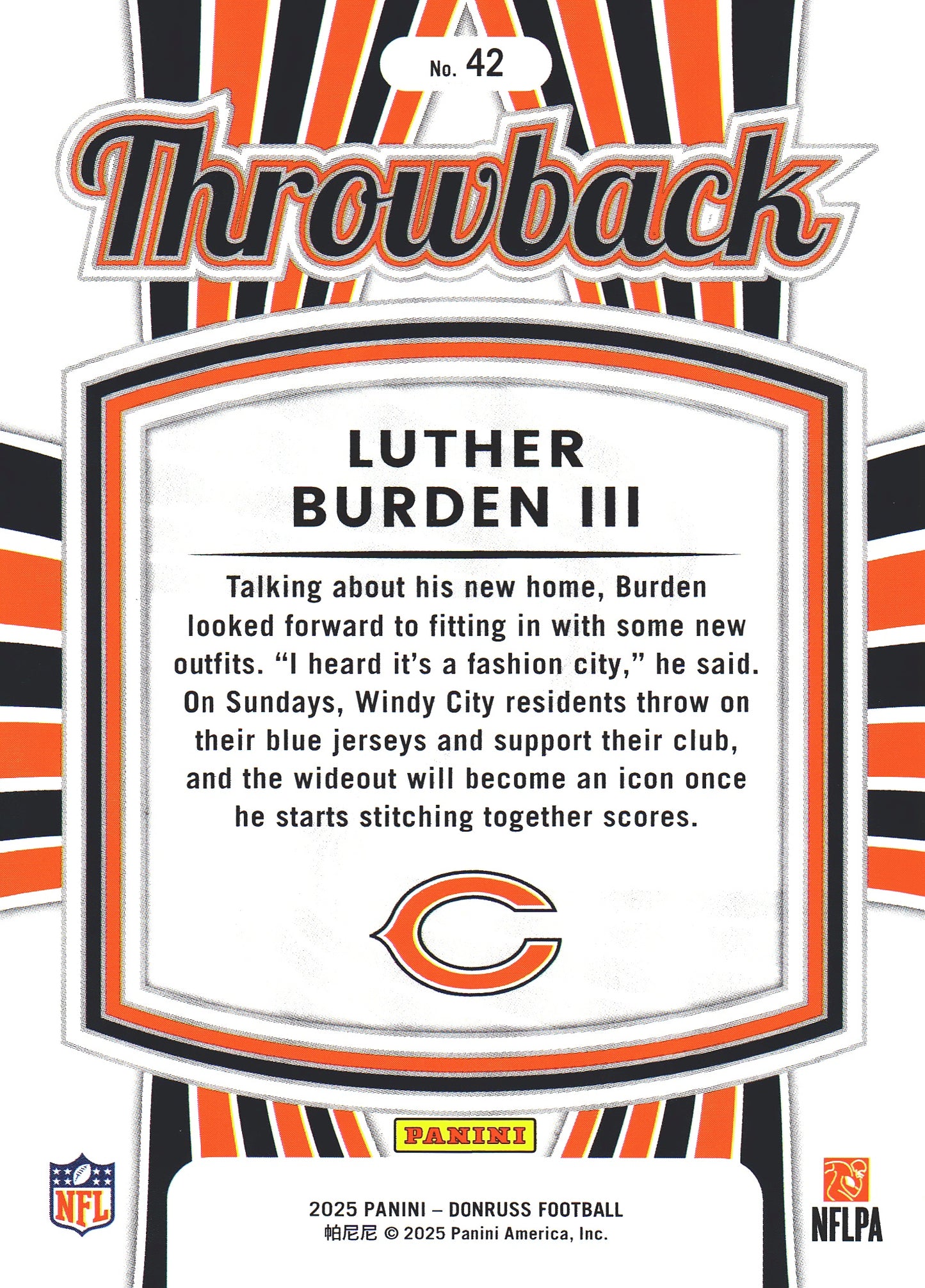 2025 Panini Donruss Rated Rookies Throwback Luther Burden III #42 Chicago Bears
